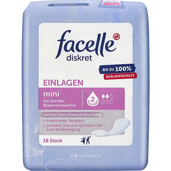 facelle diskret Einlagen mini: Цвет: Produktbeschreibung und details die schnelle Flssigkeitsaufnahme sorgt fr ein langanhaltendes Trockenheitsgefhl bei leichter Blasenschwche maximale Saugleistung  ml dank der Einzelverpackung praktisch und hygienisch fr unterwegs die weiche Oberflche und die krpergerechte Form gewhrleistet einen bestmglichen Tragekomfort der breite Haftstreifen ermglicht einen optimalen Sitz der Einlage diskret wie eine normale Binde mit einem Vielfachen an Sicherheit fr ein angenehmes Frischegefhl werden Gerche schnell und sicher eingeschlossen Lnge ca  cm Breite ca  cm Dicke ca  mm Kontaktdaten Dirk Rossmann GmbH Isernhgener Strae   Burgwedel wwwrossmannde Testurteile Qualittssiegel ampamp Verbandszeichen Gebrauch Aufbewahrung und Verwendung Aufbewahrungs und Verwendungsbedingungen Gebrauchte Einlagen bitte mit dem Hausmll entsorgen nicht in die Toilette werfen Konformittserklrung Konformittserklrung Laden Sie das Dokument zum Produkt als PDF herunter
https://www.rossmann.de/de/gesundheit-facelle-diskret-einlagen-mini/p/4305615693583