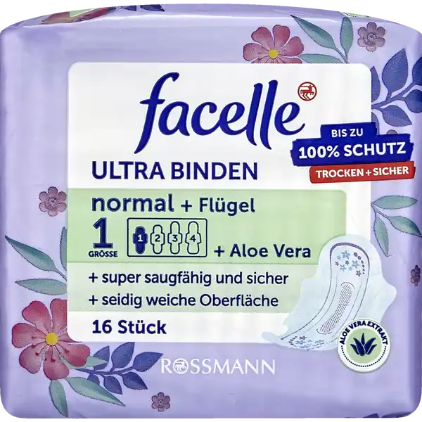 facelle Ultra Binden normal  Flgel  Aloe Vera: Цвет: Produktbeschreibung und details bis zu  Schutz Trocken  Sicher Gre  super saugfhig und sicher  erhhter Auslaufschutz seidig weiche Oberflche mit natrlichen Extrakten der Aloe Vera weich und komfortabel dry touch Oberflche mit SeidenExtrakt und Vitamin E Hautvertrglichkeit dermatologisch besttigt optimaler Tragekomfort dank der Flgel und des anatomisch geformten Saugkrpers einzeln verpackt und praktisch fr unterwegs das fachFrischSystem entfernt und neutralisiert Gerche und beugt somit aktiv einer Geruchsentstehung vor Mae Lnge ca  cm Dicke ca  mm Kontaktdaten Dirk Rossmann GmbH Isernhgener Strae   Burgwedel wwwrossmannde UrsprungslandHerkunftsort Hergestellt in der EU Testurteile Qualittssiegel ampamp Verbandszeichen
https://www.rossmann.de/de/pflege-und-duft-facelle-ultra-binden-normal--fluegel--aloe-vera/p/4305615467115