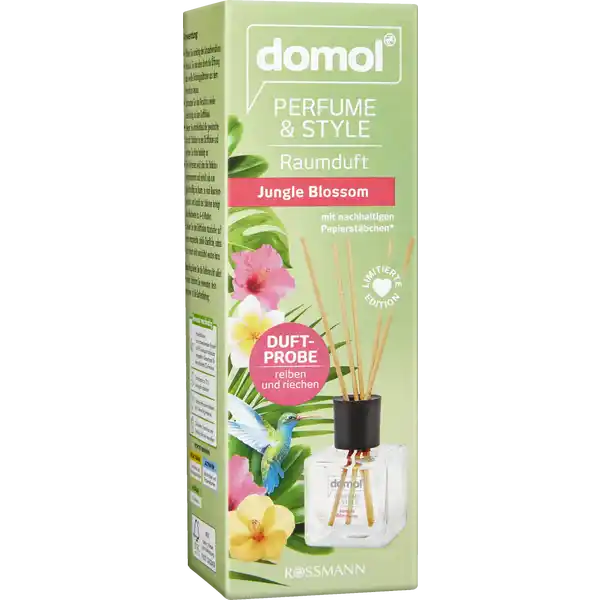 domol Perfume & Style Raumduft Jungle Blossom: Цвет: Produktbeschreibung und details Freuen Sie sich auf magische Duftmomente in Ihrem Zuhause Das Geheimnis der Dfte liegt in den Emotionen die sie in uns wecken Mit dem domol Perfume ampamp Style Raumduft schaffen Sie eine besondere Wohlfhlatmosphre in Ihrem Zuhause Der tropische Duft mit fruchtigen Akkorden und floralen Noten entfhrt Sie in die farbenprchtige Welt des Dschungels Die stilvolle Kombination aus Duftflakon Stbchen und hochwertigen Aromen kann im gesamten Wohnraum eingesetzt werden und verleiht Ihren Rumen wochenlang eine frische Note Probieren Sie auch unsere weiteren domol Raumdfte der Perfume ampamp Style Serie mit nachhaltigen Papierstbchen Papierstbchen aus nachwachsendem Rohstoff zu  biologisch abbaubar hergestellt in Deutschland fr eine reduzierte COEmission Kontaktdaten Dirk Rossmann GmbH Isernhgener Strae   Burgwedel wwwrossmannde       UrsprungslandHerkunftsort EU Testurteile Qualittssiegel ampamp Verbandszeichen Anwendung und Gebrauch ffnen Sie vorsichtig den Schraubverschluss D rcken Sie von oben durch die ffnung das weie Dichtungsplttchen aus dem Verschluss heraus Schrauben Sie den Verschluss wieder vollstndig auf den Duftflakon Geben Sie anschlieend die gewnschte Anzahl Stbchen in den Duftflakon und ordnen Sie diese beliebig an Die Duftessenz wird ber die Stbchen aufgenommen und verteilt sich nun gleichmig im Raum Je nach Raumtemperatur und Anzahl der Stbchen betrgt die Reichweite ca  Wochen Stellen Sie den Duftflakon standsicher auf eine waagerechte stabile Oberflche sodass der Inhalt nicht verschttet werden kann Tipp Regulieren Sie die Duftintensitt selbst Je mehr Stbchen Sie verwenden desto intensiver ist die Duftentfaltung Warnhinweise und wichtige Hinweise Warnhinweise Darf nicht in die Hnde von Kindern gelangen Bei Berhrung mit den Augen sofort grndlich mit Wasser absplen und Arzt konsultieren Bei Berhrung mit der Haut sofort mit viel Wasser und Seife abwaschen Bei Verschlucken sofort rztlichen Rat einholen und Verpackung oder Etikett vorzeigen Duftflakon standsicher auf eine waagerechte Oberflche stellen Ausgelaufenes Parfm kann berflchen schdigen Bei ausgelaufener Flssigkeit Oberflche sofort abwischen Stbchen nicht anznden Benutzung ausschlielich gem Verwendungszweck Personen die auf Duftstoffe empfindlich reagieren sollten dieses Produkt mit Vorsicht verwenden Raumdfte sind kein Ersatz fr gute Haushaltshygiene
https://www.rossmann.de/de/haushalt-domol-perfume-und-style-raumduft-jungle-blossom/p/4305615955476