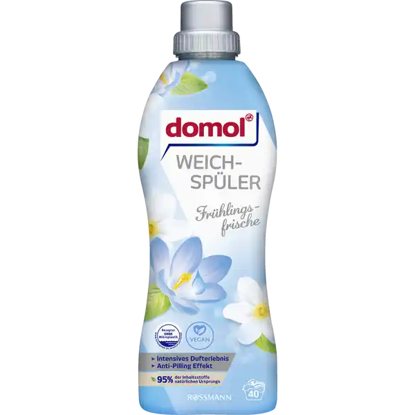 domol Frhlingsfrische Weichspler  WL: Цвет: https://www.rossmann.de/de/haushalt-domol-fruehlingsfrische-weichspueler-40-wl/p/4305615689289
Produktbeschreibung und details Freuen Sie sich auf kuschelweiche Wsche und pures Duftvergngen den ganzen Tag Der domol Weichspler Frhlingsfrische sorgt dank edler Parfmkomposition fr ein intensives Dufterlebnis und eine wunderbare Frische AntiPilling Effekt verhindert Fussel und Kntchenbildung TextilpflegeFormel glttet aufgeraute Fasern und schtzt Farben frei von Konservierungsstoffen Kontaktdaten Dirk Rossmann GmbH Isernhgener Strae   Burgwedel wwwrossmannde UrsprungslandHerkunftsort Deutschland Testurteile Qualittssiegel ampamp Verbandszeichen Anwendung und Gebrauch Die Pflegehinweise in den Textilien beachten Vor Gebrauch schtteln Nicht direkt auf die Wsche geben Mithilfe der Verschlusskappe  Kappe   ml den Weichspler direkt in die Weichsplkammer der Waschmaschine geben Gebrauch Aufbewahrung und Verwendung Aufbewahrungs und Verwendungsbedingungen Vor Frost und direkter Sonneneinstrahlung schtzen Aufrecht transportieren und lagern Inhaltsstoffe  kationische Tenside Duftstoffe Enzyme Lactic acid Bitterstoff Warnhinweise und wichtige Hinweise Warnhinweise Auer Reichweite von Kindern aufbewahren Augenkontakt vermeiden Falls das Produkt in die Augen gelangt diese grndlich mit Wasser aussplen Erhhte Sicherheit fr Kinder Enthlt einen speziellen Bitterstoff zum Schutz vor versehentlichem Verschlucken Detergenzienblatt Detergenzienblatt Laden Sie das Dokument zum Produkt als PDF herunter