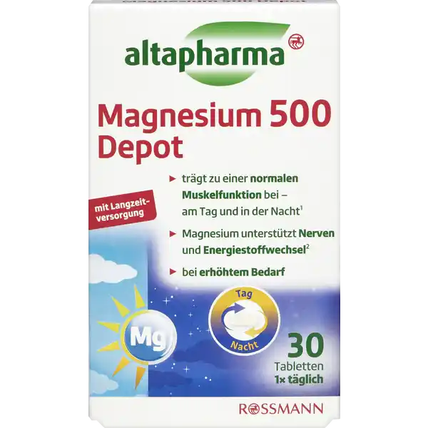 altapharma Magnesium 500 Depot: Цвет: https://www.rossmann.de/de/gesundheit-altapharma-magnesium-500-depot/p/4305615951928
Produktbeschreibung und details Um den Herausforderungen des Alltags rund um die Uhr  am Tag sowie auch in der Nacht  gewachsen zu sein kann bei erhhtem Bedarf durch viel Bewegung Sport oder Leistungsfhigkeit im Beruf eine ergnzende Zufuhr von Magnesium sinnvoll sein Altapharma Magnesium  Depot untersttzt mit einer Depotfunktion sowohl die normale Funktion der Muskeln und Nerven in der Nacht als auch am Tag Magnesium trgt zu einer normalen Funktion des Nervensystems zu einem normalen Energiestoffwechsel sowie zu einer normalen Muskelfunktion bei und hat eine Funktion bei der Zellteilung Aufgrund der Depotfunktion von altapharma Magnesium  Depot wird das Magnesium ber mehrere Stunden freigesetzt so dass der Krper kontinuierlich mit wertvollem Magnesium versorgt wird Kontaktdaten Dirk Rossmann GmbH Isernhgener Sr   Burgwedel wwwrossmannde UrsprungslandHerkunftsort Deutschland Magnesiumoxid und Magnesiumcarbonat aus NichtEU Testurteile Qualittssiegel ampamp Verbandszeichen Zutaten Magnesiumoxid Magnesiumcarbonat Fllstoffe Mikrokristalline Cellulose und Hydroxypropylmethylcellulose Trennmittel Tricalciumphosphat und Magnesiumsalze der Speisefettsuren Nhrwerte Durchschnittliche Nhrwertangaben pro  Portion pro  g  Tablette Tagesdosis Referenzwert Nhrstoffbezugswerte Referenzmenge fr die tgliche Zufuhf gem LebensmittelInformationsverordnung Energie  kj   kcal  kj   kcal Fett amplt  g amplt  g davon  gesttigte Fettsuren amplt  g amplt  g Kohlenhydrate amplt  g amplt  g davon  Zucker amplt  g amplt  g Eiwei amplt  g amplt  g Salz amplt  g  g NRV Magnesium  mg   Anwendung und Gebrauch Verzehrempfehlung Tablette mit Flssigkeit z B  Glas Wasser zu einer Mahlzeit einnehmen Die empfohlene tgliche Verzehrmenge darf nicht berschritten werden Gebrauch Aufbewahrung und Verwendung Aufbewahrungs und Verwendungsbedingungen Unter  C trocken und vor Licht geschtzt aufbewahren Auerhalb der Reichweite von kleinen Kindern aufbewahren Warnhinweise und wichtige Hinweise Warnhinweise Nahrungsergnzungsmittel sollten nicht als Ersatz fr eine abwechslungsreiche und ausgewogene Ernhrung sowie eine gesunde Lebensweise dienen Auerhalb der Reichweite von kleinen Kindern aufbewahren Die Einnahme dieses Produktes sollte sich auf Erwachsene beschrnken Aufgrund des hohen Magnesiumgehaltes kann das Produkt abfhrend wirken