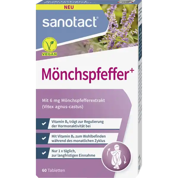 sanotact Mnchspfeffer Tabletten: Цвет: https://www.rossmann.de/de/gesundheit-sanotact-moenchspfeffer-tabletten/p/4003087440956
Produktbeschreibung und details Whrend des monatlichen Zyklus kommt es bei vielen Frauen zu Schwankungen des Hormonhaushalts Diese hormonellen Schwankungen knnen sich in unterschiedlicher Weise und Ausprgungen auf unseren Krper und dessen Befindlichkeit auswirken sanotact Mnchspfeffer Tabletten tragen durch das enthaltene Vitamin B zur Regulierung der Hormonttigkeit bei Zusammen mit Magnesium untersttzt es die Aufrechterhaltung der normalen psychischen Funktion Diese beiden Inhaltstoffe sorgen somit fr ein normales Wohlbefinden whrend des monatlichen Zyklus und fr entspannte Tage vor den Tagen Vitamin B Pantothensure und Magnesium tragen zur Verringerung von Mdigkeit und Ermdung sowie zur Aufrechterhaltung eines normalen Energiestoffwechsels bei Vitamin B und Magnesium tragen zu einer normalen psychischen Funktion und zur normalen Funktion des Nervensystems bei Magnesium trgt zur Erhaltung einer normalen Muskelfunktion bei Es wird auch der Mineralstoff der inneren Ruhe genannt Mnchspfeffer auch Vitex agnuscastus oder Keuschlamm genannt ist bereits seit der Antike bekannt und wchst in Mittelmeerlndern sowie im Balkan mit  mg Mnchspfefferextrakt Vitex agnuscastus Vitamin B trgt zur Regulierung der Hormonaktivitt bei mit Vitamin B zum Wohlbefinden whrend des monatlichen Zyklus nur x tglich zur langfristigen Einnahme Monatsvorrat vegan gluten und laktosefrei frei von Farbstoffen Lebensmittelunternehmer Name sanotact GmbH Adresse Hessenweg   Mnster wwwsanotactde UrsprungslandHerkunftsort Deutschalnd Testurteile Qualittssiegel ampamp Verbandszeichen Rechtlich vorgeschriebene Produktbezeichnung Nahrungsergnzungsmittel mit Vitaminen Magnesium und Mnchspfefferextrakt Zutaten Fllstoff Calciumphosphat Magnesiumoxid Fllstoff mikrokristalline Cellulose Fllstoff Hydroxypropylcellulose Trennmittel Siliciumdioxid CalciumDpantothenat Mnchspfefferfruchtextrakt Trennmittel Magnesiumsalze der Speisefettsuren Pyridoxinhydrochlorid Vitamin B Nhrwerte Durchschnittliche Nhrwertangaben pro  Portion  Tablette NRV Magnesium  mg   Vitamin B  mg   Pantothensure  mg   Anwendung und Gebrauch  Tablette tglich mit ausreichend Flssigkeit einnehmen Es wird eine Mindesteinnahmedauer von  Wochen empfohlen Gebrauch Aufbewahrung und Verwendung Aufbewahrungs und Verwendungsbedingungen Unter C trocken und vor Licht geschtzt lagern Fr kleine Kinder unzugnglich aufbewahren Warnhinweise und wichtige Hinweise Warnhinweise Die angegebene empfohlene tgliche Verzehrmenge darf nicht berschritten werden Nahrungsergnzungsmittel ersetzten keine ausgewogene und abwechslungsreiche Ernhrung sowie eine gesunde Lebensweise