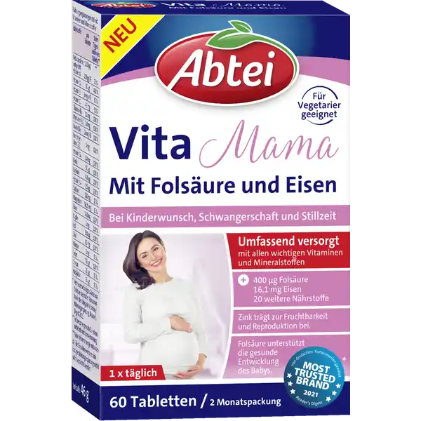 Abtei Vita Mama: Цвет: https://www.rossmann.de/de/baby-und-spielzeug-abtei-vita-mama/p/4250752203969
Produktbeschreibung und details Frauen mit Kinderwunsch in der Schwangerschaft sowie in der Stillzeit haben einen erhhten Nhrstoffbedarf Eine ausreichende Versorgung mit Folsure Eisen und weiteren wichtigen Vitaminen und Mineralstoffen ist dabei von groer Bedeutung Die ergnzende Aufnahme von Folat beispielweise erhht den Folatspiegel Ein niedriger Folatspiegel ist bei Schwangeren ein Risikofaktor fr die Entstehung von Neuralrohrdefekten beim heranwachsenden Ftus Abtei Vita Mama enthlt eine speziell abgestimmte Nhrstoffkombination mit Folsure Eisen Jod und  weiteren wertvollen Vitaminen und Mineralstoffen die zu einer umfassenden Versorgung in diesen herausfordernden aber einzigartig schnen Zeiten beitragen Kontaktdaten ABTEI OP Pharma GmbH Abtei  D   Marienmnster Zutaten Calciumcarbonat Magnesiumoxid Festigungsmittel mikrokristalline Cellulose Polyvinylpyrrolidon Eisenfumarat LAscorbinsure Zinksulfat berzugsmittel Hydroxypropylmethylcellulose Hydroxypropylcellulose mikrokristalline Cellulose Nicotinamid Trennmittel Magnesiumsalze der Speisefettsuren Siliciumdioxid Maisstrke Feuchthaltemittel Vernetzte Carboxymethylcellulose DLTocopherylacetat CalciumDpantothenat Mangansulfat Farbstoffe Titandioxid Eisenoxide und Eisenhydroxide Kupfercarbonat Pyridoxinhydrochlorid Riboflavin Thiaminmononitrat Carotin Pteroylmonoglutaminsure Kaliumiodid Natriumselenit ChromIIIchlorid Natriummolybdat DBiotin Cholecalciferol Cyanocobalamin Nhrwerte Durchschnittliche Nhrwertangaben pro  Portion  Stck NRV Calcium  mg   Magnesium  mg   Eisen  mg   Zink  mg   Kupfer  mg   Mangan  mg   Selen  g   Chrom  g   Molybdn  g   Jod  g   Vitamin A  g   Vitamin D  g   Vitamin E  mg   Vitamin C  mg   Vitamin B Thiamin  mg   Vitamin B Riboflavin  mg   Niacin  mg   Vitamin B  mg   Folsure  g   Vitamin B  g   Biotin  g   Pantothensure  mg   Anwendung und Gebrauch Tglich  Tablette mit reichlich Flssigkeit zB  Glas Wasser schlucken Gebrauch Aufbewahrung und Verwendung Aufbewahrungs und Verwendungsbedingungen Vor Wrme und Sonneneinstrahlung schtzen Warnhinweise und wichtige Hinweise Warnhinweise Nahrungsergnzungsmittel sind kein Ersatz fr eine abwechslungsreiche und ausgewogene Ernhrung sowie eine gesunde Lebensweise Auerhalb der Reichweite kleiner Kinder aufbewahren Die angegebene empfohlene tgliche Verzehrmenge darf nicht berschritten werden Auf die Einnahme weiterer zinkhaltiger Nahrungsergnzungsmittel sollte verzichtet werden