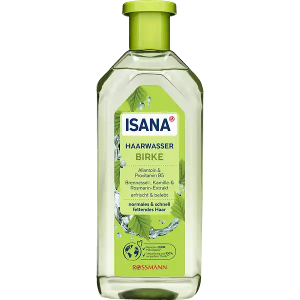 ISANA Haarwasser Birke: Цвет: https://www.rossmann.de/de/pflege-und-duft-isana-haarwasser-birke/p/4305615883267
Produktbeschreibung und details Allantoin ampamp Provitamin B Brennessel Kamille ampamp RosmarinExtrakt erfrischt ampamp beIebt normales ampamp schnell fettendes Haar Das ISANA HAARWASSER BIRKE pflegt mit hochwertigem BirkenrindenExtrakt normales und schnell fettendes Haar und vitalisiert die Kopfhaut  Leichtes Einmassieren untersttzt die Mikrozirkulation der Kopfhaut  Wohltuende Frische und neue Vitalitt  Vorbeugung von schnellem Nachfetten  Intensives Frischegefhl fr Haar und Kopfhaut Hautvertrglichkeit dermatologisch besttigt Diese Rezeptur ist zu  ohne Mikroplastik Kontaktdaten Dirk Rossmann GmbH Isernhgener Str   Burgwedel wwwrossmannde   UrsprungslandHerkunftsort EU Testurteile Qualittssiegel ampamp Verbandszeichen Anwendung und Gebrauch Massieren Sie das Haarwasser tglich sanft in das Haar ein Nicht aussplen Inhaltsstoffe Aqua Alcohol Denat Panthenol Allantoin Glycerin Propylene Glycol Alcohol Cocamidopropyl Betaine Equisetum Arvense Extract Betula Alba Bark Extract Chamomilla Recutita Flower Extract Rosmarinus Officinalis Leaf Extract Urtica Dioica Leaf Extract Butylene Glycol Citric Acid Parfum Sodium Benzoate Phenoxyethanol Potassium Sorbate