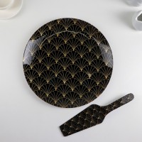 Тортовница стеклянная с лопаткой Доляна «Золотое перо», d=30 см, лопатка 26,5?7 см, цвет чёрный: 