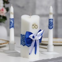 Набор свечей "Кружевной с бантиком" синий: домашний очаг 6,8х15см, родительские 1,8х17,5см: 