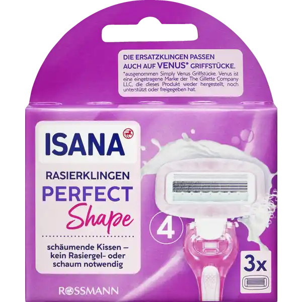 ISANA Perfect Shape Rasierklingen: Цвет: https://www.rossmann.de/de/pflege-und-duft-isana-perfect-shape-rasierklingen/p/4305615757865
Produktbeschreibung und details Perfekt durch den Tag mit seidenglatter Haut ISANA RASIERER fr eine komfortable Rasur und grndliche Haarentfernung Die ISANA RASIERKLINGEN PERFECT SHAPE verfgen ber einen abgerundeten Schwingkopf fr eine komfortable grndliche und glatte Rasur Die schumenden Kissen mit Shea und Kakaobutter sowie Vitamin E und Jojobal umgeben die keramikbeschichteten Klingen und werden bei Wasserkontakt aktiviert so dass kein Rasiergel oder schaum notwendig ist Die Rasierklingen passen auch auf Venus Griffstcke schumende Kissen  kein Rasiergel oder schaum notwendig vegan ausgenommen Simply Venus Griffstcke Venus ist eine eingetragene Marke der The Gillette Company LLC die dieses Produkt weder hergestellt noch untersttzt oder freigegeben hat Kontaktdaten Dirk Rossmann GmbH Isernhgener Strae   Burgwedel wwwrossmannde      UrsprungslandHerkunftsort Deutschland Testurteile Qualittssiegel ampamp Verbandszeichen Anwendung und Gebrauch Die Klingen ausschlielich unter flieendem Wasser reinigen  nicht abwischen Gebrauch Aufbewahrung und Verwendung Aufbewahrungs und Verwendungsbedingungen Produkt sauber und trocken lagern Inhaltsstoffe Schumende Kissen Stearic Acid PEGM Sodium Cocoyl Isethionate Palm Kernel Acid Sodium Isethionate WaterAqua Cyclodextrin Hydrogenated Jojoba Oil Tocopherol Theobroma Cacao Cocoa Seed Butter Aloe Barbadensis Leaf Juice Maltodextrin Butyrospermum Parkii Shea Butter Gleitstreifen PEGM PEGM PEG Cyclodextrin Hydrogenated Jojoba Oil Tocopherol Panthenol Aloe Barbadensis Leaf Juice Maltodextrin Warnhinweise und wichtige Hinweise Warnhinweise Auerhalb der Reichweite von Kindern aufbewahren Klingen nicht anfassen Nicht mit den ISANA RASIERERN der Produktgruppe PACE kompatibel