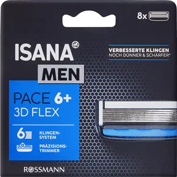 ISANA MEN Pace 6+ Rasierklingen: Цвет: https://www.rossmann.de/de/pflege-und-duft-isana-men-pace-6-rasierklingen/p/4305615614045
Produktbeschreibung und details KlingenSystem Trimmer Kontaktdaten Dirk Rossmann GmbH Isernhgener Strae   Burgwedel UrsprungslandHerkunftsort Gleitstreifen hergestellt in Sdkorea Gebrauch Aufbewahrung und Verwendung Aufbewahrungs und Verwendungsbedingungen Die Klingen ausschlielich unter flieendem Wasser reinigen  nicht abwischen Mit allen ISANA MEN Pace Rasierern kompatibel Beim Klingenwechsel nicht auf die Klingen und den Trimmer fassen Inhaltsstoffe Polystyrene PEGM PEGM Hydroxypropyl Methylcellulose Lavandula Hybrida Oil Aloe Barbadensis Leaf Extract Tocopheryl Acetate Dextrin Silica Algin Hydrolyzed Collagen CI  CI  CI