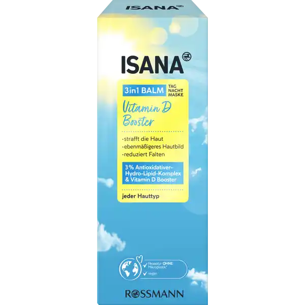 ISANA Vitamin D Booster 3in1 Balm: Цвет: https://www.rossmann.de/de/pflege-und-duft-isana-vitamin-d-booster-3in1-balm/p/4305615996189
Produktbeschreibung und details Wirkung Der ISANA in Balm Vitamin D Booster enthlt einen innovativen  AntioxidativerHydroLipidKomplex sowie Vitamin D Booster der die hauteigene VItamin D Synthese stimuliert Mit Hilfe der leistungsstarken in Formel werden die antioxidativen Abwehrkrfte der Haut gestrkt und die Hautqualitt verbessert Ergebnis Die Widerstandsfhigkeit und die biomechanischen Eigenschaften der Haut werden untersttzt und feine Linien ampamp Fltchen werden geglttet strafft die Haut ebenmigeres Hautbild reduziert Falten fr jeden Hauttyp geeignet Hautvertrglichkeit dermatologisch besttigt Rezeptur ohne Mikroplastik vegan Kontaktdaten Dirk Rossmann GmbH Isernhgener Strae   Burgwedel wwwrossmannde Testurteile Qualittssiegel ampamp Verbandszeichen Anwendung und Gebrauch in Funktion Schutz am Tag Strkung in der Nacht ampamp intensiver Pflegeboost als Maske  morgens oder abends nach der Reinigung auf Gesicht Hals und Dekollet auftragen und sanft einmassieren Augenpartie aussparen Inhaltsstoffe Aqua Glycerin CaprylicCapric Triglyceride Ethylhexyl Stearate Octyldodecanol AlcoholDenat Behenyl Alcohol Cetearyl Alcohol Glyceryl Stearate Citrate Panthenol Squalane Butyrospermum Parkii Butter Lithops Pseudotruncatella Callus Lysate Sodium Stearoyl Glutamate Tocopherol Resveratrol Cyamopsis Tetragonoloba Gum Helianthus Annuus Seed Oil Xanthan Gum Sclerotium Gum Pentylene Glycol Phytic Acid Citric Acid Caprylyl Glycol Decylene Glycol Phenoxyethanol
