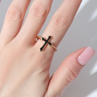 Кольцо "Крест" готика, цвет чёрный в золоте, безразмерное: 