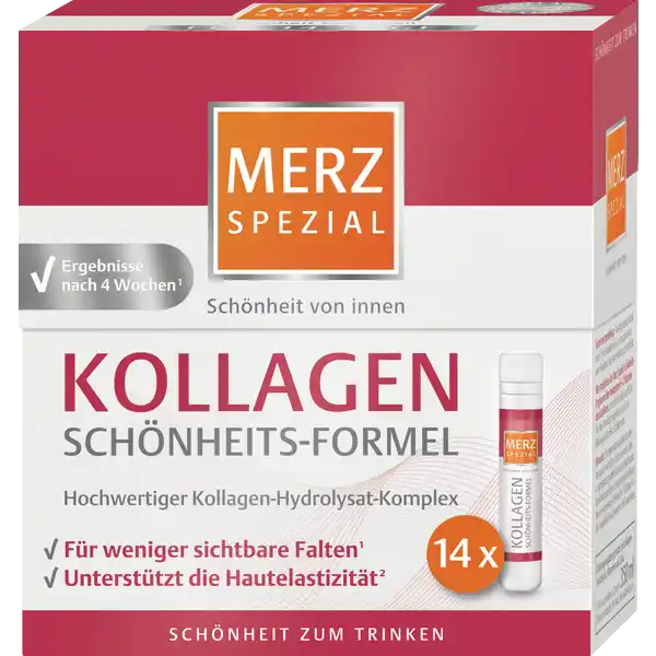 Merz Spezial Kollagen Schnheitsformel Trinkampullen: Цвет: Produktbeschreibung und details Merz Spezial Kollagen SchnheitsFormel Trinkampullen Die Merz Spezial Kollagen SchnheitsFormel Trinkampullen enthalten eine spezielle Kombination aus Kollagen und wichtigen aufeinander abgestimmten Nhrstoffen fr die Haut Das Besondere Das Kollagen von Merz Spezial gelangt in die tieferen Hautschichten und verbessert  von innen heraus  nachweislich die Hautelastizitt Es sorgt fr eine sichtbare Glttung der Falten Kollagen ist als Hauptbestandteil gesunder jugendlicher Haut fr die Struktur und Dichte der Haut veranwortlich Es befindet sich vor allem im Bindegewebe Mit zunehmenden Alter nimmt Kollagenbildung in der Haut stetig ab Die Folgen sind Falten sowie reduzierte Spannkraft und Feuchtigkeitsbindung in den unteren Hautschichten Straffung ampamp Reduktion von Falten Hochwertige KollagenPeptide machen die Haut nachweislich straffer Sie sorgen dafr dass feine Fltchen zB an der Augenpartie sichtbar geglttet werden Auch tiefere Falten werden reduziert Das Hautbild verfeinert sich nachhaltig Diese Wirkung wurde in Studien bereits nach  Wochen Einnahme besttigt Vitamin C trgt zur normalen Kollagenbildung fr eine normale Hautfunktion bei Verbesserte Hautelastizitt Das Merz Spezial Kollagen SchnheitsFormel verbessert sprbar die Elastizitt der Haut am gesamten Krper Unebenheiten in der Hautstruktur werden gemildert Niacin Biotin und Zink tragen zum Erhalt normaler Haut bei Jugendliche schne Haut Die Merz Spezial Kollagen SchnheitsFormel sorgt in jedem Alter fr ein strahlendes frischeres Aussehen Sie hilft das jugendliche Erscheinungsbild der Haut zu bewahren Die Vitamin C und E tragen zum Schutz der Zellen vor oxidativem Stress bei und helfen vorzeitige Hautalterung zu verzgern Studie mit  Personen ber  Wochen Proksch E et al Skin Pharmacol Physol  Studie mit  Personen ber  Wochen Proksch E et al Skin Pharmacol Physol  Lebensmittelunternehmer Name Merz Consumer Care GmbH Adresse  Frankfurt Rechtlich vorgeschriebene Produktbezeichnung Nahrungsergnzungsmittel mit Kollagenhydrolysat Vitaminen und Zink Zutaten Wasser Kollagenhydrolysat  Fructose Himbeersaftkonzentrat Ascorbinsure  Vitamin C  Verdickungsmittel NatriumCarboxymethylcellulose Sureregulator Natriumhydroxid Suerungsmittel Citronensure Modifizierte Strke Zinkgluconat  Konservierungsstoff Kaliumsorbat Nicotinamid Niacin  Konservierungsstoff Natriumbenzoat Aroma DLalphaTocopherylacetat Vitamin E DBiotin  Lactose und glutenfrei Nhrwerte Durchschnittliche Nhrwertangaben pro  Portion  Tagesdosis  ml NRV Zink  mg   Vitamin E  mg   Vitamin C  mg   Niacin  mg   Biotin  g   Anwendung und Gebrauch Verzehrsempfehlung  mal tglich den Inhalt einer Trinkampulle trinken vorzugsweise zu einer Mahlzeit Vor dem Verzehr gut schtteln Es wird empfohlen das Merz Spezial SchnheitsProgramm ber mindestens  Wochen durchzufhren denn Schnheit braucht Zeit Die Haut bentigt einige Wochen bis sich die Kollagenpeptide in den unteren Hautschichten anlagern und die Haut auspolstern Gebrauch Aufbewahrung und Verwendung Aufbewahrungs und Verwendungsbedingungen Vor Hitze und direkter Lichteinstrahlung schtzen Fr kleine Kinder unzugnglich aufbewahren Warnhinweise und wichtige Hinweise Warnhinweise Die empfohlene Verzehrsmenge darf nicht berschritten werden Nahrungsergnzungsmittel sind kein Ersatz fr eome abwechselungsreiche und ausgewogene Ernhrung sowie eine gesunde Lebensweise
https://www.rossmann.de/de/gesundheit-merz-spezial-kollagen-schoenheitsformel-trinkampullen/p/4008491270977