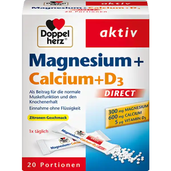 Doppelherz aktiv Magnesium+Calcium+D3 Direct: Цвет: Produktbeschreibung und details Doppelherz aktiv MagnesiumCalciumD Direct Doppelherz MagnesiumCalciumD DIRECT Wohlschmeckendbesonders leicht einzunehmen Fr die schnelle und direkte Einnahme Doppelherz Magnesium  Calcium  D DIRECT versorgt Sie nicht nur mit wichtigen Nhrstoffen die zur normalen Muskelfunktion und zum normalen Knochenerhalt beitragen sondern schmeckt auch ausgezeichnet Durch ein modernes Herstellungsverfahren ist es gelungen eine moderne und praktische Darreichungsform zu entwickeln DoppelherzMagnesiumCalciumD DIRECT enthlt seine wertvollen Nhrstoffe in Form von MicroPellets Den Portionsbeutel aufreien den Inhalt direkt auf die Zunge geben und die feinen Granulatperlen lsen sich in Sekundenschnelle auf Sie knnen so jederzeit und an jedem Ort ganz ohne Flssigkeit geschluckt werden Diese Darreichungsform ist daher besonders gut geeignet um den Krper schnell und direkt mit den Mineralstoffen Magnesium und Calcium sowie Vitamin D zu versorgen  ideal fr unterwegs oder bei Einnahmeschwierigkeiten von Tabletten Magnesium trgt zum normalen Energiestoffwechsel bei Es untersttzt die Funktion des Nervensystems und der MuskelnBRampgt Calcium spielt fr die normale Blutgerinnung und Muskelfunktion eine Rolle und untersttzt den normalen Knochenerhalt Vitamin D trgt zur normalen Calciumverwertung und zum Erhalt normaler Knochen bei Lebensmittelunternehmer Name Queisser Pharma Adresse Schleswiger Str   Flensburg UrsprungslandHerkunftsort Deutschland Rechtlich vorgeschriebene Produktbezeichnung Granulat mit Magnesium Calcium ampamp Vitamin D ampamp ZitronenGeschmack  Nahrungsergnzungsmittel mit Sungsmitteln Zutaten Calciumcarbonat Magnesiumoxid Fllstoff Xylit Maisstrke Fllstoff Sorbit Suerungsmittel Citronensure Aroma Verdickungsmittel Carboxymethylcellulose Sungsmittel Aspartam Sungsmittel Natriumcyclamat Trennmittel Magnesiumsalze der Speisefettsuren Cholecalciferol Nhrwerte Durchschnittliche Nhrwertangaben pro  Portion NRV Calcium  mg   Magnesium  mg   Vitamin D  g   Anwendung und Gebrauch Tglich den Inhalt eines Beutels verzehren Die MicroPellets direkt auf die Zunge geben langsam zergehen lassen und schlucken Gebrauch Aufbewahrung und Verwendung Aufbewahrungs und Verwendungsbedingungen Bei Raumtemperatur trocken lagern Warnhinweise und wichtige Hinweise Warnhinweise Enthlt eine Phenylalaninquelle Enthlt Sungsmittel Kann bei bermigem Verzehr abfhrend wirken Mengen ber  mg Magnesium knnen bei empfindlichen Personen abfhrend wirken
https://www.rossmann.de/de/gesundheit-doppelherz-aktiv-magnesiumcalciumd3-direct/p/4009932001945