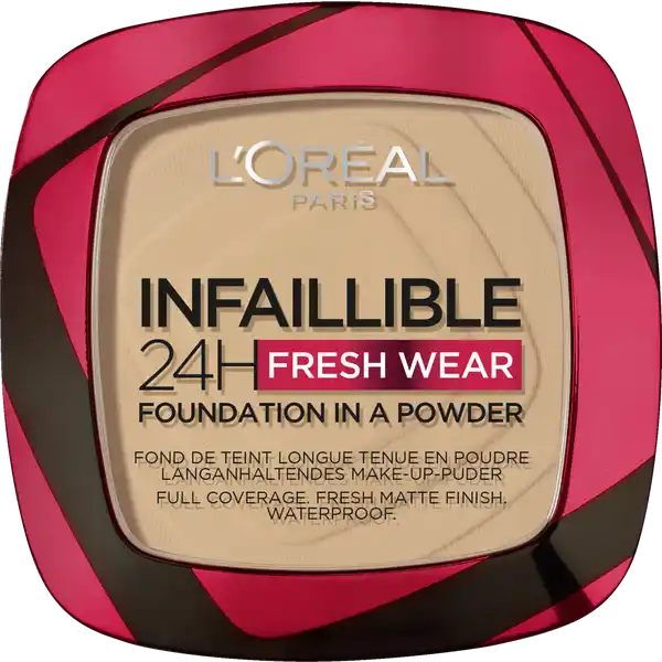 LOral Paris Infaillible H Fresh Wear MakeUpPuder  Radiant Sand: Цвет: Produktbeschreibung und details Das Infaillible H Fresh Wear MakeUpPuder deckt langanhaltend und mattiert zuverlssig Das Infaillible H Fresh Wear MakeUpPuder von LOral Paris vereint die Deckkraft und den Halt eines MakeUps mit dem MattEffekt eines Puders Die langanhaltenden Pigmente sorgen fr eine hohe Deckkraft  ganz ohne Verblassen Die leichte Formel gibt dem Teint ein zuverlssig mattes Finish Die PuderTextur sorgt fr ein angenehmes Tragegefhl ohne ein Gefhl von trockener Haut zu hinterlassen Die atmungsaktive Formel hlt bis zu H ist wasserfest schweifest und hlt auch bei hoher Luftfeuchtigkeit Neben MakeUp Primer und Concealer ergnzt das MakeUpPuder die HighPerformance InfaillibleReihe von LOral Paris Einem langanhaltenden Look steht nichts mehr im Wege Kontaktdaten LORAL Deutschland GmbH  Geschftsbereich LOral Paris Johannstrae   Dsseldorf UrsprungslandHerkunftsort Italien Anwendung und Gebrauch Das MakeUpPuder mit dem enthaltenen Schwmmchen in kreisenden Bewegungen auf das Gesicht auftragen Es kann ganz ohne MakeUp alleinstehend verwendet werden Gebrauch Aufbewahrung und Verwendung Aufbewahrungs und Verwendungsbedingungen Khl und trocken lagern Inhaltsstoffe TALC  ZINC STEARATE  DIMETHICONE  ZEA MAYS STARCH  CORN STARCH  CAPRYLICCAPRIC TRIGLYCERIDE  SILICA  DIMETHICONEVINYL DIMETHICONE CROSSPOLYMER  TRIETHOXYCAPRYLYLSILANE  CAPRYLYL GLYCOL  ETHYLHEXYLGLYCERIN  POTASSIUM SORBATE  SILICA NANO  SILICA  PARFUM  FRAGRANCE  ISOCETETH  ALARIA ESCULENTA EXTRACT  HEXYL CINNAMAL  BENZYL SALICYLATE  LINALOOL  ALPHAISOMETHYL IONONE  BENZYL ALCOHOL  CITRONELLOL  TOCOPHEROL   MAY CONTAIN CI   TITANIUM DIOXIDE  CI  CI  CI   IRON OXIDES  MICA  CI   YELLOW  LAKE  CI   ULTRAMARINES  CI   RED  LAKE FIL C
https://www.rossmann.de/de/make-up-loreal-paris-infaillible-24h-fresh-wear-make-up-puder-250-radiant-sand/p/3600524028817