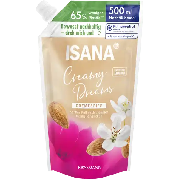 ISANA Cremeseife Creamy Dreams Nachfllbeutel: Цвет: Produktbeschreibung und details Mit viel Liebe zum Detail haben wir fr deine ISANA CREMESEIFE CREAMY DREAMS traumhafte Duftnuancen und wertvoll Inhaltsstoffe ausgewhlt die deine Hnde sanft reinigen Unser SoftpflegeKomplex hlt deine Haut zart und geschmeidig  fr ein gepflegtes Hautgefhl jeden Tag limitierte Edition sanfter Duft nach cremiger Mandel ampamp Veilchen dermatologisch besttigt pHhautneutral Kontaktdaten Dirk Rossmann GmbH Isernhgener Str   Burgwedel wwwrossmannde UrsprungslandHerkunftsort Deutschland Testurteile Qualittssiegel ampamp Verbandszeichen Inhaltsstoffe Aqua Sodium Laureth Sulfate Cocamidopropyl Betaine Sodium Chloride CocoGlucoside Glyceryl Oleate Parfum Glycol Distearate Laureth Tocopherol Hydrogenated Vegetable Glycerides Citrate Sodium Lactate Citric Acid Glycerin Formic Acid Sodium Citrate Sodium Benzoate Limonene CI  Cl  Cl
https://www.rossmann.de/de/pflege-und-duft-isana-cremeseife-creamy-dreams-nachfuellbeutel/p/4305615923581