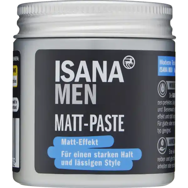 ISANA MEN Matt-Paste: Цвет: Produktbeschreibung und details Moderne Texturen fr perfekt gestylte Haare ISANA MEN  Was braucht Mann mehr Die ISANA MEN MATTPASTE verleiht der Frisur einen perfekten lssigen Style Die Formulierung mit Avocadol und Bienenwachs gibt dem Haar einen einzigartigen Matteffekt und stylt langanhaltend ohne die Haare zu beschweren fr jeden Haartyp geeignet fr glatte oder zerzauste Looks MattEffekt fr einen starken Halt und lssigen Style verklebt nicht Rezeptur ohne Mikroplastik Kontaktdaten Dirk Rossmann GmbH Isernhgener Strae   Burgwedel wwwrossmannde UrsprungslandHerkunftsort Deutschland Testurteile Qualittssiegel ampamp Verbandszeichen Anwendung und Gebrauch Eine kleine Menge zwischen den Handflchen verreicheb und gleichmig ins trockene oder feuchte Haar einarbeiten oder einzelne strhnen modellieren Inhaltsstoffe Aqua Cera Alba Lanolin Helianthus Annuus Seed Oil Glyceryl Stearate Glycine Soja Oil Hydrogenated Starch Hydrolysate Stearic Acid Zea Mays Starch Copernicia Cerifera Cera Palmitic Acid Cetearyl Alcohol Persea Gratissima Oil Candelilla Cera Kaolin Sucrose Parfum Phenoxyethanol Propylene Glycol Sodium Cetearyl Sulfate Caprylyl Glycol Decylene Glycol Xanthan Gum Aminomethyl Propanol Benzyl Salicylate Linalool Sodium Sulfate Limonene CI  Citronellol Geraniol Disodium Phosphate Sodium Chloride AlphaIsomethyl Ionone Potassium Phosphate Alumina Magnesium Oxide
https://www.rossmann.de/de/pflege-und-duft-isana-men-matt-paste/p/4305615957562