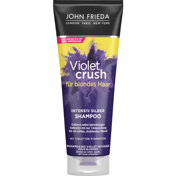 JOHN FRIEDA Violet Crush Intensiv Silber Shampoo: Цвет: Produktbeschreibung und details Du hast ein GelbstichNotfall und wnscht dir khles strahlendes Blond mit nur  Anwendung Unser Intensiv Silber Shampoo mit blauen und violetten Pigmenten entfernt selbst den hartnckigsten Gelbstich Fr ein strahlendes und unwiderstehlich khles Blond Fr die Anwendung auf natrlich blondem Haar und auf gefrbtem bis platinblondem Haar Ohne Peroxide und Ammoniak fr blondes Haar entfernt selbst hartnckigen Gelbstich mit nur  Anwendung fr ein khles strahlendes Blond mit violetten Pigmenten Kontaktdaten Kao Germany GmbH  Darmstadt wwwjohnfriedacom UrsprungslandHerkunftsort Hergestellt in der EU Anwendung und Gebrauch Sanft ins nasse Haar einmassieren aufschumen und grndlich aussplen Fr ein intensiveres Ergebnis und besonders hartnckigen Gelbstich das Shampoo  Minuten in Haar einwirken lassen Verwende das Shampoo tglich um das gewnschte Ergebnis zu intensivieren Um das erzielte Ergebnis zu halten und neuen Gelbstich weiter zu neutralisieren verwende das regulre Violet Crush Shampo Wasche die Hnde sofort nach Verwendung des Intensiv Shampoos Verwende ein Handtuch um Textilien und Kleidung vor nassem Haar zu schtzen Inhaltsstoffe Aqua Sodium Laureth Sulfate Sodium Lauryl Sulfate Glycol Distearate Sodium Chloride Cocamide MEA Parfum Lactic Acid Dimethyl Isosorbide Cocamidopropyl Betaine Malic Acid Cetyl Alcohol Benzyl Alcohol Guar Hydroxypropyltrimonium Chloride Acid Violet  Sodium Hydroxide Disodium EDTA Glycine Benzophenone Ethylhexyl Methoxycinnamate Acid Blue  Sodium Xylenesulfonate BHT Sodium Benzoate Methylchloroisothiazolinone Methylisothiazolinone Limonene Warnhinweise und wichtige Hinweise Warnhinweise Nur zur uerlichen Anwendung auf der Kopfhaut Nicht bei empfindlicher gereizter oder verletzter Kopfhaut verwenden Anwendungen einstellen falls Hautreizungen oder rtungen auftreten Kontakt mit den Augen vermeiden Bei Kontakt mit den Augen sofort grndlich mit Wasser splen Fr Kinder unzugnglich aufbewahren Kontakt mit Textilien und Oberflchen vermeiden damit sich keine Flecken bilden Bei Kontakt betroffene Stellen umgehend reinigen
https://www.rossmann.de/de/pflege-und-duft-john-frieda-violet-crush-intensiv-silber-shampoo/p/5037156275292