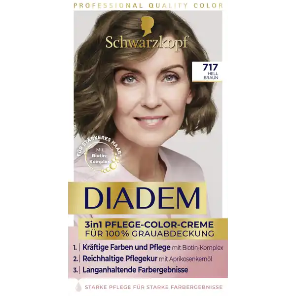 Schwarzkopf Diadem 3in1 Pflege-Color-Creme 717 Hell Braun: Цвет: Produktbeschreibung und details SCHWARZKOPF DIADEM  in  PflegeColorCreme  Hell Braun Fr satte langanhaltende Farbergebnisse Mit Aprikosenkernl ampamp BiotinKomplex Fr Haare die sich nach der Anwendung gesund anfhlen und gesund aussehen fr  Grauabdeckung Die  in  DIADEM PflegeColorCreme pflegt Ihr Haar intensiv whrend des Frbens Die Formel mit BiotinKomplex sorgt nicht nur fr langanhaltende Farbergebnisse sondern erhht auch die sichtbare Haarqualitt Die reichhaltige Nachbehandlung mit wertvollem Aprikosenkernl verwhnt die Lngen nach dem Frben macht das Haar geschmeidig glnzend und pflegt es intensiv Fr gepflegte langanhaltende Farbergebnisse mit  Grauhaarabdeckung Fr optimale Farbergebnisse auf mittelblondem bis hellbraunem Haar anwenden Verwenden Sie das DIADEM Ansatzset zwischen zwei Farbanwendungen enthlt  Tube ColorCreme  ml  Anwendungsflasche mit Entwicklerlotion  ml  reichhaltige Pflegekur mit Aprikosenkernl  ml  Gebrauchsanweisung  Paar Handschuhe Kontaktdaten Schwarzkopf ampamp Henkel a division of Henkel AG ampamp Co KGaA D Dsseldorf wwwschwarzkopfde Anwendung und Gebrauch ACHTUNG BITTE BEACHTEN Lesen Sie vor der Anwendung die Sicherheitshinweise auf der Rckseite der Gebrauchsanweisung sorgfltig durch Die wertvollen Tipps vor der Anwendung in dieser Gebrauchsanweisung sind insbesondere fr die Vorbereitung der Anwendung interessant  VORBEREITUNG Bevor Sie mit der Anwendung beginnen entfernen Sie die beiliegenden Handschuhe von der Gebrauchsanweisung ziehen Sie sie an und legen Sie sich einen Kleiderschutz um Legen Sie sich eine Uhr zur Kontrolle der Einwirkzeit bereit DIADEM wird auf trockenem nicht vorgewaschenem Haar angewendet  MISCHEN Schrauben Sie die Verschlusskappe der Anwendungsflasche ab ffnen Sie die PflegeColorCreme indem Sie die Tubenversiegelung mit der Rckseite der Verschlusskappe durchstechen Drcken Sie den gesamten Inhalt der PflegeColorCreme in die Anwendungsflasche Schrauben Sie die Anwendungsflasche wieder zu und schtteln Sie diese krftig bis alles vollstndig zu einer geschmeidigen Creme vermischt ist Schrauben Sie anschlieend die Spitze der Verschlusskappe ab und beginnen Sie ohne Verzgerung mit der Anwendung Achtung Die Farbe der Colorationsmischung einer Nuance ndert sich whrend des Colorierens Dies hat keinen Einfluss auf das Farbergebnis A GESAMTANWENDUNG Diese Anwendung eignet sich besonders wenn  Sie Ihr Haar zum ersten Mal dauerhaft colorieren oder  Die vorbergehende Coloration vollstndig herausgewachsen ist dh kein Ansatz zu sehen ist Verteilen Sie die fertige Colorationsmischung Strhne fr Strhne auf dem gesamten Haar Dann arbeiten Sie die Mischung gut ins Haar ein Lassen Sie die Colorationsmischung  Minuten einwirken auer Bei den Nuancen  und  empfehlen wir eine Einwirkzeit von  Minuten  B Ansatzbehandlung Eine Ansatzbehandlung ist erforderlich wenn  Ihr Haar bereits dauerhaft coloriert und ein Ansatz sichtbar ist oder  Ihre Haarspitzen dunkler bzw strapaziert sind Hierzu teilen Sie jeweils eine Haarpartie mit der Spitze der Anwendungsflasche zu einem Scheitel ab Tragen Sie zunchst ca  der Colorationsmischung nu auf den nachgewachsenen Haaransatz auf Tragen Sie nun die Colorationsmischung am Scheite entlang auf und verteilen Sie sie mit den Fingern auf dem Haaransatz beiliegende Handschuhe bitte anbehalten Wiederholen Sie den Vorgang auf dem gesamten Haaransatz Lassen Sie die Colorationsmischung  Minuten lang einwirken Verteilen Sie den Rest der Mischung anschlieend im gesamten Haar und lassen Sie die Coloration weitere  Minuten einwirken auer Fr die Nuancen  und  empfehlen wir  Minuten fr den Haaransatz und weitere  Minuten fr das gesamte Haar Fr die Nuance  empfehlen wir  Minuten fr den Haaransatz und weitere  Minuten fr das gesamte Haar  Aussplen und Nachbehandlung Nach Ablauf der Einwirkzeit ziehen Sie die Handschuhe wieder an Schumen Sie das Haar mit etwas warmen Wasser auf und splen Sie es danach grndlich aus bis das Wasser klar ist Als pflegende Nachbehandlung verteilen Sie den PflegeBalsam mit Seide im nassen Haar Lassen Sie den PflegeBalsam fr  Minuten einwirken und splen Sie ihn anschlieend grndlich aus Ihr Haar wird dadurch leicht kmmbar und erhlt sprbar mehr Geschmeidigkeit sowie seidigen Glanz Der PfegeBalsam mit Seide reicht fr mehrere Anwendungen aus Die Anzahl der mglichen Anwendungen hngt von Ihrer Haarlnge ab Inhaltsstoffe ColorCreme Aqua Water Eau Cetearyl Alcohol Ammonium Hydroxide Coconut Alcohol Sodium Laureth Carboxylate Sodium Myreth Sulfate TolueneDiamine Sulfate Octyldodecanol Succinic Acid BisDiisopropanolaminoPGPropyl DimethiconeBisIsobutyl PEG Copolymer Acrylamidopropyltrimonium ChlorideAcrylates Copolymer CocoGlucoside Paraffinum Liquidum Mineral Oil Huile Minrale Ceteareth Ceteareth Glyceryl Oleate Arginine Lysine HCl Potassium Hydroxide Ammonium Sulfate Sodium Sulfite Parfum Fragrance Resorcinol Chlororesorcinol Sodium Silicate Etidronic Acid Ascorbic Acid Sodium Chloride mAminophenol Butyloctanol Citric Acid Polysorbate  Phenoxyethanol AminoHydroxypyridine AlphaIsomethyl Ionone Lactic Acid Hydrolyzed Silk Butylene Glycol Sodium Benzoate Benzyl Alcohol Methylparaben Ethylparaben Propylparaben Entwicklerlotion Aqua Water Eau Hydrogen Peroxide Cetearyl Alcohol Propylene Glycol Ceteareth Steartrimonium Chloride Paraffinum Liquidum Mineral Oil Huile Minrale Etidronic Acid Dicarboxypyridine Disodium Pyrophosphate Potassium Hydroxide Isopropyl Alcohol Sodium Benzoate Pflegekur Aqua Water Eau Cetearyl Alcohol Quaternium Stearamidopropyl Dimethylamine Dimethicone Distearoylethyl Hydroxyethylmonium Methosulfate Isopropyl Myristate Biotin Paeonia Lactiflora Root Extract AmodimethiconeMorpholinomethyl Silsesquioxane Copolymer Hydrolyzed Keratin Citric Acid Glycerin Prunus Armeniaca Apricot Kernel Oil Dicaprylyl Carbonate Propylene Glycol Dimethiconol Potassium Sorbate Phenoxyethanol Polyquaternium Trideceth Sodium Methylparaben Parfum Fragrance Linalool Benzyl Salicylate Limonene Benzyl Alcohol Warnhinweise und wichtige Hinweise Warnhinweise Haarfrbemittel knnen schwere allergische Reaktionen hervorrufen Bitte folgende Hinweise lesen und beachten Dieses Produkt ist nicht fr Personen unter  bestimmt Temporre Ttowierungen mit schwarzem Henna knnen das Allergierisiko erhhen Frben Sie Ihr Haar nicht wenn Sie einen Ausschlag im Gesicht haben oder wenn Ihre Kopfhaut empfindlich gereizt oder verletzt ist wenn Sie schon einmal nach dem Frben Ihrer Haare eine Reaktion festgestellt haben wenn eine temporre Ttowierung mit schwarzem Henna bei Ihnen schon einmal eine Reaktion verursacht hat Enthlt Wasserstoffperoxid Phenylendiamine Toluylediamine und Resorcin Vollstndige Inhaltsdeklaration siehe Packungsboden Kontakt mit Augen vermeiden Sofort Augen splen falls das Erzeugnis mit den Augen in Berhrung gekommen ist Nicht zur Frbung von Wimpern und Augenbrauen verwenden Nach Anwendung die Haare gut splen Geeignete Handschuhe tragen Fhren Sie einen Allergieverdachtstest  Stunden vor jeder Anwendung einer Haarcoloration durch siehe Gebrauchsanweisung auch wenn sie schon frher Haarcolorationen angewendet haben Daher denken Sie bitte daran das Produkt  Stunden vor der Anwendung zu kaufen Falls hierbei eine Hautvertrglichkeit auftritt oder Zweifel bestehen fragen Sie bitte einen Hautarzt bevor Sie eine Haarcoloration anwenden Darf nicht in die Hnde von Kindern gelangen
https://www.rossmann.de/de/pflege-und-duft-schwarzkopf-diadem-3in1-pflege-color-creme-717-hell-braun/p/4015100743555