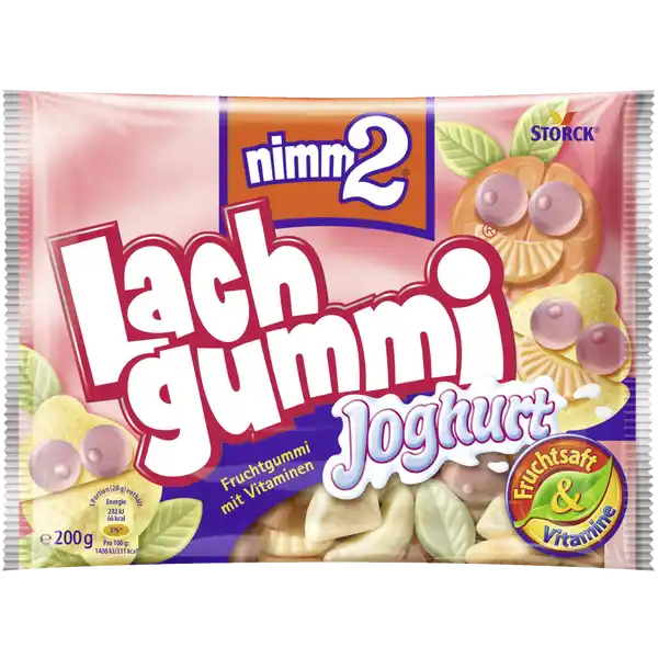 nimm2 Lachgummi Joghurt: Цвет: Produktbeschreibung und details Frhlichfruchtiges JoghurtFruchtgummi Yo her damit Mit Fruchtsaft Vitaminen und Joghurt Fruchtgummi mit Fruchtsaft und Vitaminen Lebensmittelunternehmer Name AUGUST STORCK KG Adresse Waldstr  D Berlin wwwnimmde Rechtlich vorgeschriebene Produktbezeichnung Fruchtgummi mit Vitaminen und Magermilchjoghurt Zutaten Glukosesirup Zucker MAGERMILCHJOGHURTPULVER  Fruchtsaft  aus Fruchtsaftkonzentrat Traube Holunder Gelatine Suerungsmittel Citronensure Milchsure Geliermittel Pektin hydrolysiertes MILCHEIWEI Aromen frbende Konzentrate Schwarze Karotte Spirulina Niacin Vitamin E Pantothensure frbender KurkumaAuszug Vitamin B Biotin Vitamin B berzugsmittel Carnaubawachs Bienenwachs wei und gelb Nhrwerte Durchschnittliche Nhrwertangaben pro  g Energie  kj   kcal Fett  g davon  gesttigte Fettsuren  g Kohlenhydrate  g davon  Zucker  g Eiwei  g Salz  g NRV Vitamin E  mg   Niacin  mg   Vitamin B  mg   Vitamin B  g   Biotin  g   Pantothensure  mg   Gebrauch Aufbewahrung und Verwendung Aufbewahrungs und Verwendungsbedingungen Vor Wrme und Feuchtigkeit schtzen
https://www.rossmann.de/de/lebensmittel-nimm2-lachgummi-joghurt/p/4014400914832