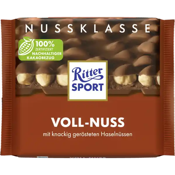 Ritter Sport Voll-Nuss Tafelschokolade: Цвет: Produktbeschreibung und details FR BEISSER NICHT FR LUTSCHER Knackig gerstete Haselnsse in Vollmilchschokolade machen die RITTER SPORT VollNuss seit jeher zum absoluten Liebling Liegt es an den besonders hohen Qualittsansprchen die wir an unsere Nsse stellen Oder einfach daran dass sie den Geschmacksnerv jedes echten Beissers trifft knackig gerstete Haselnsse in Vollmilchschokolade  zertifiziert nachhaltiger Kakaobezug Lebensmittelunternehmer Name Alfred Ritter GmbH ampamp Co KG Adresse D Waldenbuch Deutschland wwwrittersportde UrsprungslandHerkunftsort Deutschland Rechtlich vorgeschriebene Produktbezeichnung Vollmilchschokolade mit ganzen Haselnssen   Zutaten Zucker HASELNSSE  Kakaobutter Kakaomasse Voll MILCH pulver LAKTOSE  Mager MILCH pulver BUTTER reinfett Emulgator Lecithine  SOJA  Kann Spuren von ERDNSSEN ANDEREN SCHALENFRCHTEN GLUTENHALTIGEM GETREIDE und EI enthalten Rainforest Alliance Certified Nhrwerte Durchschnittliche Nhrwertangaben pro  g Energie  kj   kcal Fett  g davon  gesttigte Fettsuren  g Kohlenhydrate  g davon  Zucker  g Eiwei  g Salz  g Gebrauch Aufbewahrung und Verwendung Aufbewahrungs und Verwendungsbedingungen Vor Wrme und Feuchtigkeit schtzen Warnhinweise und wichtige Hinweise Warnhinweise Kakao   mindestens im Schokoladenanteil
https://www.rossmann.de/de/lebensmittel-ritter-sport-voll-nuss-tafelschokolade/p/4000417670014