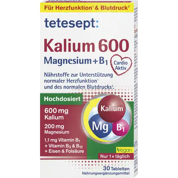 tetesept Kalium 600 Tabletten: Цвет: https://www.rossmann.de/de/gesundheit-tetesept-kalium-600-tabletten/p/4008491105651
Produktbeschreibung und details Das Herz ist einer unserer aktivsten Muskeln alleine pro Minute schlgt es  mal Aktiv zu bleiben und eine ausgewogene Ernhrung sind auch fr das Herz wichtig Hier gibt es einige Nhrstoffe die einen Beitrag leisten knnen tetesept Kalium  enthlt wichtige Nhrstoffe die u a Herzfunktion und Blutdruck untersttzen Kalium trgt zur Aufrechterhaltung eines normalen Blutdrucks bei Magnesium trgt zu einer normalen Muskelfunktion bei Vitamin B trgt zu einer normalen Herzfunktion bei Folsure trgt zu einer normalen Blutbildung bei und hat eine Funktion bei der Zellteilung Vitamin B trgt zu einem normalen Energiestoffwechsel bei Eisen trgt zu einem normalen Sauerstofftransport im Krper sowie zur normalen Bildung roter Blutkrperchen und Hmoglobin bei Lebensmittelunternehmer Name Merz Consumer Care GmbH Adresse Eckenheimer Landstrae   Frankfurt wwwteteseptde Rechtlich vorgeschriebene Produktbezeichnung Nahrungsergnzungsmittel mit Kalium Magnesium Eisen und BVitaminen Zutaten Kaliumchlorid Fllstoff Mikrokristalline Cellulose Magnesiumoxid Trennmittel Magnesiumsalz der Speisefettsure Nicotinamid Niacin Eisensulfat berzugsmittel Hydroxypropylmethylcellulose Trennmittel Siliciumdioxid Thiaminmononitrat Vitamin B Folsure Cyanocobalamin Vitamin B Nhrwerte Durchschnittliche Nhrwertangaben pro  Portion Tagesdosis Tagesdosis Referenzwert Referenzmenge fr die tgliche Zufuhr an Vitaminen und Mineralstoffen NRV Kalium  mg   Magnesium  mg   Eisen  mg   Vitamin B Thiamin  mg   Niacin  mg   Folsure  g   Vitamin B  g   Anwendung und Gebrauch Verzehrsempfehlung x tglich  Tablette mit ausreichend Flssigkeit unzerkaut verzehren Die empfohlene tgliche Verzehrsmenge darf nicht berschritten werden Gebrauch Aufbewahrung und Verwendung Aufbewahrungs und Verwendungsbedingungen Vor Hitze und direkter Lichteinstrahlung schtzen Fr kleine Kinder unzugnglich aufbewahren Warnhinweise und wichtige Hinweise Warnhinweise Nahrungsergnzungsmittel sind kein Ersatz fr eine abwechslungsreiche und ausgewogene Ernhrung die zusammen mit einer gesunden Lebensweise von Bedeutung ist Die empfohlene tgliche Verzehrsmenge darf nicht berschritten werden Fr kleine Kinder unzugnglich aufbewahren