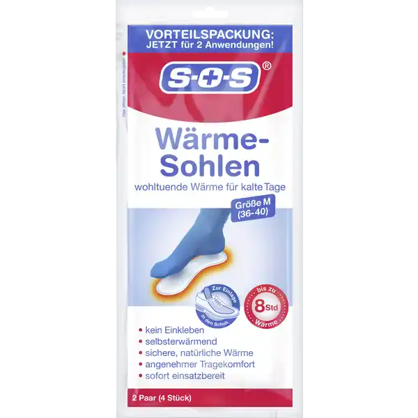 SOS WrmeSohlen Gr M: Цвет: https://www.rossmann.de/de/gesundheit-sos-waerme-sohlen-gr-m-36-40/p/4036581537105
Produktbeschreibung und details Wohltuende Wrme fr kalte Tage SOS WrmeSohlen sind Wrmepads zur Einmalanwendung die durch Sauerstoff aktiviert werden und bis zu acht Stunden angenehme natrliche Wrme abgeben Ob beim Spaziergang beim Weihnachtsmarktbesuch oder beim Wintersport kalte Fe gehren der Vergangenheit an Die sehr dnnen und angenehm tragbaren SOS WrmeSohlen werden einfach in die Schuhe gelegt und helfen so gegen die Klte kein Einkleben selbstwrmend sichere natrliche Wrme angenehmer Tragekomfort sofort einsatzbereit Kontaktdaten Districon GmbH BessieColemanStrae  D Frankfurt wwwsosde Anwendung und Gebrauch  Sachet mit den Hnden ffnen nicht einschneiden und die WrmeSohlen entnehmen  Um Verbrennungen zu vermeiden die Sohlen sofort nach Entnahme mit der Vliesseite nach oben zeigend in die Schuhe einlegen  Schuhe wie gewohnt anziehen Tragen Sie bei der Anwendung immer Socken und stellen Sie sicher dass die WrmeSohlen nicht direkt die Haut berhren Gebrauch Aufbewahrung und Verwendung Aufbewahrungs und Verwendungsbedingungen An einem khlen trockenen Ort und vor direktem Sonnenlicht geschtzt aufbewahren Fr Kinder und Haustiere unzugnglich aufbewahren Inhaltsstoffe Eisen Aktivkohle und Wasser Warnhinweise und wichtige Hinweise Warnhinweise Nur fr die uerliche Anwendung Die Sohlen nicht aufschneiden oder auf andere Weise beschdigen Den Inhalt nicht in Kontakt mit den Augen oder dem Mund bringen Nach Verschlucken bitte einen Arzt aufsuchen Zur Einmalverwendung  nicht wieder aufwrmen Personen die die Sohlen nicht eigenstndig entfernen knnen beispielsweise ltere oder krperlich eingeschrnkte Personen sollten whrend der Anwendung beaufsichtigt werden Personen mit Diabetes schlechter Durchblutung Nervenschden oder Lhmungen sollten die Sohlen nicht anwenden auer auf Anweisung eines Arztes Kinder sollten whrend der Anwendung beaufsichtigt werden Sohlen entfernen wenn sie sich unangenehm hei anfhlen Falsche Anwendung kann zu Verbrennungen fhren