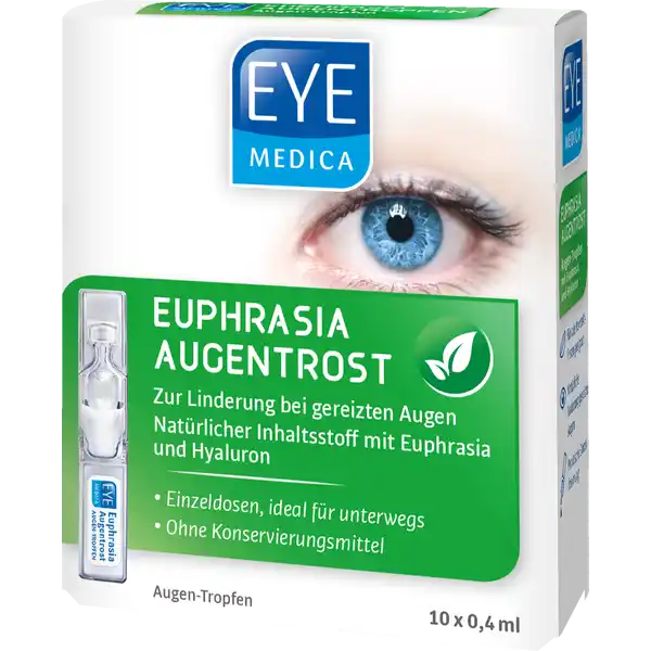 EyeMedica Augen-Tropfen Euphrasia Augentrost: Цвет: https://www.rossmann.de/de/gesundheit-eyemedica-augen-tropfen-euphrasia-augentrost/p/4036581420339
Produktbeschreibung und details EyeMedica Euphrasia Augentrost AugenTropfen sind die sanfte Lsung zur Linderung gereizter Augen Sie enthalten den natrlichen Extrakt aus der Wiesenblume Euphrasia die im Volksmund auch als Augentrostquot bekannt ist Die traditionsreiche Substanz regt die Selbstregulationskrfte im Auge an und wirkt beruhigend EyeMedica Euphrasia Augentrost AugenTropfen bilden einen viskoelastischen klaren Schutzfilm auf der Hornhaut und schtzen so die Augenoberflche Die hygienischen EinDosisBehltnisse sind ideal fr unterwegs frei von Konservierungsstoffen und Phosphaten fr Kontaktlinsentrger geeignet natrliche Linderung gereizter Augen praktische Einzeldosierung Einzeldosen ideal fr unterwegs Kontaktdaten Districon GmbH BessieColemanStrae  D Frankfurt wwweyemedicade Anwendung und Gebrauch Trennen Sie ein EinDosisBehltnis ab Vergewissern Sie sich dass jedes EinDosisBehltnis unbeschdigt ist Zum ffnen drehen Sie das flache Ende des EinDosisBehltnisses ab nicht ziehen Geben Sie ein oder zwei Tropfen in jedes Auge Die Kontaktlinsen sollten vor der Anwendung herausgenommen werden und erst  Minuten nach der Anwendung wieder eingesetzt werden Wenn Sie anhaltende Probleme haben besprehen Sie diese bitte mit Ihrem Augenarzt Gebrauch Aufbewahrung und Verwendung Aufbewahrungs und Verwendungsbedingungen Auerhalb der Reichweite von kleinen Kindern aufbewahren Zwischen  und  lagern Vor Frost schtzen EinDosisBehltnis vor Licht geschtzt im Originalkarton aufbewahren Inhaltsstoffe Natriumhyaluronat Carbomer Euphrasia Tincture Mannitol Wasser fr Injektionszwecke Warnhinweise und wichtige Hinweise Warnhinweise Nur zur uerlichen Anwendung Nicht bei beschdigtem EinDosisBehltnis verwenden Die AugenTropfen drfen nach Ablauf des Verfallsdatums nicht mehr verwendet werden Konformittserklrung Konformittserklrung Laden Sie das Dokument zum Produkt als PDF herunter