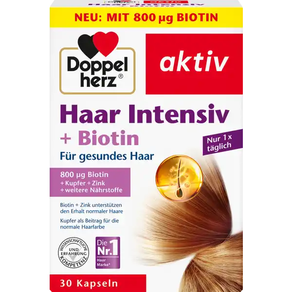 Doppelherz Haar Intensiv + Biotin: Цвет: https://www.rossmann.de/de/gesundheit-doppelherz-haar-intensiv--biotin/p/4009932132717
Produktbeschreibung und details Schnes Haar prgt in der heutigen Zeit das Schnheitsideal unserer Gesellschaft und ist wichtig fr unser Wohlbefinden Wir tun alles damit unser Haar gut aussieht Wir fhnen es wir frben oder bleichen es und verwenden die unterschiedlichsten StylingMittel Doch dadurch strapazieren wir unser Haar auch tglich Zustzlich greifen Sonnenbder oder Salz und Chlorwasser unser Haar an Haare erbringen durch Erneuerung bzw Wachstum tglich Hchstleistungen Hierfr bentigen sie Nhr und Aufbaustoffe die wir ber die Nahrung regelmig und ausreichend zufhren mssen Biotin und Zink tragen zum zum Erhalt normaler Haare bei Kupfer untersttzt die normale Haarpigmentierung Haarfarbe Folsure spielt wie Vitamin B eine Rolle fr die Zellteilung Vitamin B Vitamin B und Panatothensure leisten einen Beitrag zum normalen Energiestoffwechsel Vitamin B wird fr die Bilding der Aminosure Cystein bentigt Das Spurenelement Molybdn trgt zur Verstoffwechslung schwefelhaltiger Aminosuren bei LCystein ist eine schwefelhaltige Aminosure SIe kommt besonders in den Faserproteinen Kreatin menschlicher Haare und Ngel vor LMethionin ist ebenfalls eine schwefelhaltige Aminosure Schachtelhalme Equisetum arvense gehren zu den ltesten Pflanzen der Welt laktose und glutenfrei Lebensmittelunternehmer Name Queisser Pharma GmbH ampamp Co KG Adresse Schleswiger Str  D Flensburg wwwdoppelherzde Rechtlich vorgeschriebene Produktbezeichnung Kapseln mit Vitaminen Spurenelementen LCystein LMethionin und Schachtelhalmextrakt Nahrungsergnzungsmittel Zutaten Fllstoff mikrokristalline Cellulose LMethionin Gelatine Rind LCystein Schachtelhalmextrakt Pantothensure Zinkcarbonat Maltodextrin Trennmittel Magnesiumsalze der Speisefettsuren Trennmittel Siliciumdioxid Vitamin B Vitamin B Vitamin B Farbstoffe Eisenoxide und Eisenhydroxide Biotin Kupfercarbonat Folsure Natriummolybdat Vitamin B Nhrwerte Durchschnittliche Nhrwertangaben pro  Portion  Kapsel Tagesdosis Referenzwert Nhrstoffbezugswerte gem EUVerordnung  NRV Zink  mg   Kupfer  mg   Molybdn  g   Vitamin B Thiamin  mg   Vitamin B Riboflavin  mg   Vitamin B  mg   Folsure  g   Vitamin B  g   Biotin  g   Pantothensure  mg   Anwendung und Gebrauch Tglich  Kapsel mit etwas Flssigkeit unzerkaut einnehmen Gebrauch Aufbewahrung und Verwendung Aufbewahrungs und Verwendungsbedingungen Trocken und nicht ber  C lagern Warnhinweise und wichtige Hinweise Warnhinweise Die angegebene empfohlene tgliche Verzehrsmenge darf nicht berschritten werden Nahrungsergnzungsmittel sind kein Ersatz fr eine ausgewogene und abwechslungsreiche Ernhrung und eine gesunde Lebensweise Fr kleine Kinder unzugnglich aufbewahrenNicht fr Kinder unter  Jahren geeignet Ab einer Menge von  mg Zink pro Tag sollte auf die Einnahme weiterer zinkhaltiger Nahrungsergnzungsmittel verzichtet werden Bitte Gebrauchsinformation beachten