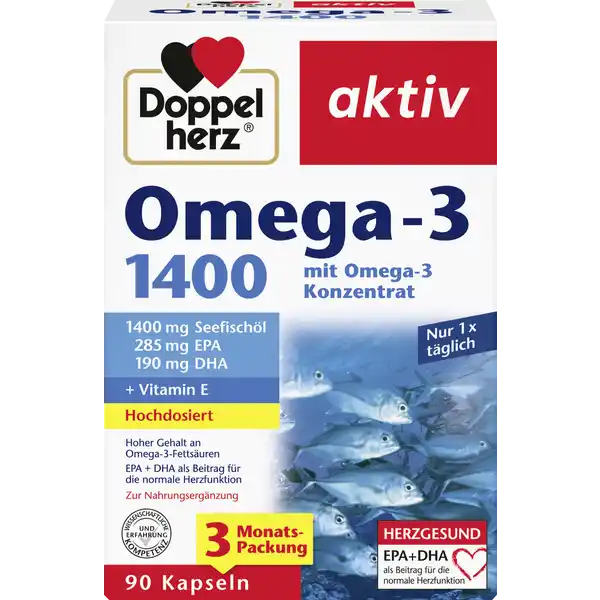 Doppelherz aktiv Omega-3 1400 Kapseln: Цвет: https://www.rossmann.de/de/gesundheit-doppelherz-aktiv-omega-3-1400-kapseln/p/4009932005097
Produktbeschreibung und details Das hochdosierte Doppelherz Omega  enthlt seine wertvollen Omega Fettsuren aus Seefischlen in konzentrierter Form Mit einem OmegaAnteil von   liefern die Kapseln von Doppelherz eine hhere Konzentration als viele andere im Markt befindliche Produkte bei denen der OmegaAnteil lediglich bei   liegt Durch den hohen Gehalt an OmegaFettsuren enthlt bereits  Kapsel tglich  mg OmegaFettsuren Davon sind  mg EPA und  mg DHA enthalten Diese OmegaFettsuren tragen zu einer normalen Herzfunktion bei Das zustzlich enthaltene Vitamin E leistet einen Beitrag zum Schutz der Zellen vor oxidativem Stress Unausgewogene Ernhrung enthlt oft zu viel gesttigte Fettsuren tierische Fette oder Cholesterin Die mehrfach ungesttigten OmegaFettsuren werden dagegen hufig zu wenig aufgenommen Die OmegaFettsuren Docosahexaensure DHA und Eicosapentaensure EPA knnen vom Krper nicht selbst gebildet werden wenn nicht die entsprechenden Vorstufen vorhanden sind Auf die OmegaFettsuren ist man durch Beobachtungen bei den Inuit in Grnland aufmerksam geworden Ein Groteil ihrer Nahrung besteht aus Seefischen die besonders reich an OmegaFettsuren sind Die Kapseln von Doppelherz bieten einen hohen Gehalt an den wertvollen OmegaFettsuren EPA und DHA Es ist wichtig dem Krper ausreichend und regelmig diese mehrfach ungesttigten Fettsuren ber die Nahrung zuzufhren Aber nicht jeder mag und kann mal die Woche Fisch essen Die Kapseln von Doppelherz enthalten in  mg Seefischl   Omega Fettsuren und untersttzen so mit bereits  Kapsel tglich die Versorgung mit diesen wertvollen Fettsuren mit wertvollen OmegaFettsuren aus  mg Seefischl in konzentrierter Form EPA und DHA als Beitrag fr die normale Herzfunktion Vitamin E trgt zum Schutz der Zellen vor oxidativem Stress bei Kontaktdaten Queisser Pharma Schleswiger Str   Flensburg wwwdoppelherzde Zutaten OmegaFettsurenhaltiges Konzentrat aus Seefischlen Gelatine Rind Feuchthaltemittel Glycerin DLalphaTocopherylacetat Ohne Farbstoffe Nhrwerte Durchschnittliche Nhrwertangaben pro  Portion  Kapsel NRV Vitamin E  mg   Anwendung und Gebrauch Tglich  Kapsel mit etwas Flssigkeit unzerkaut einnehmen Gebrauch Aufbewahrung und Verwendung Aufbewahrungs und Verwendungsbedingungen Fr kleine Kinder unzugnglich aufbewahren Trocken und nicht ber C lagern Warnhinweise und wichtige Hinweise Warnhinweise Die angegebene empfohlene tgliche Verzehrsmenge darf nicht berschritten werden Nahrungsergnzungsmittel sind kein Ersatz fr eine ausgewogene und abwechslungsreiche Ernhrung und eine gesunde Lebensweise Nicht fr Kinder unter  Jahren geeignet Die Kapseln sind fr Personen mit Schluckbeschwerden nicht geeignet