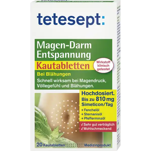 tetesept Magen-Darm Entspannung Kautabletten: Цвет: https://www.rossmann.de/de/gesundheit-tetesept-magen-darm-entspannung-kautabletten/p/4008491111935
Produktbeschreibung und details tetesept MagenDarm Entspannung Kautabletten sind schnell und zuverlssig wirksam bei Blhungen Magendruck und Vllegefhl Durch das Kauen der Kautablette wird der hochdosierte medizinische Wirkstoff bereits im Mund freigesetzt und ist sofort fr den Organismus verfgbar Blhungen entstehen wenn im Darm durch den Verdauungsprozess verstrkt Gase freigesetzt werden Diese Luft im Bauch verursacht hufig unangenehme Beschwerden und Schmerzen und beeintrchtigt das Wohlbefinden Ursache hierfr sind blhende Lebensmittel zu groe Essensmengen Stress oder mangelnde Bewegung Die Folgen Spannungs und Druckgefhl im Bauchraum Krmpfe und Blhungen Die teteseptForschung besttigt Tetesept MagenDarm Entspannung KautablettenT enthalten den medizinischen Wirkstoff Simeticon in hochdosierter Form Studien haben belegt dass Blhungen durch Simeticon in diesem WirkstoffBereich wirksam gelindert werden Lsen unangenehme Gasansammlungen im Bauch auf natrliche Weise auf Lindert gasbedingte Krmpfe Vllegefhl und Magendruck Kein Gewhnungseffekt Sehr gut vertrglich und unbedenklich Kontaktdaten Merz Consumer Care GmbH Eckenheimer Landstrae   Frankfurt am Main wwwteteseptde UrsprungslandHerkunftsort Deutschland Zutaten  Kautablette enthlt Simeticon mg Sonstige Bestandteile Glucose Siliciumdioxid Magnesiumstearat Bitterfenchell Sternanisl Pfefferminzl Anwendung und Gebrauch Erwachsene und Jugendliche ab  Jahren nehmen bei Bedarf  Kautabletten pro TagDie maximale Tagesdosis liegt bei  Kautabletten Packungsbeilage beachten Inhaltsstoffe  Kautablette enthlt Simeticon mg Sonstige Bestandteile Glucose Siliciumdioxid Magnesiumstearat Bitterfenchell Sternanisl Pfefferminzl Warnhinweise und wichtige Hinweise Warnhinweise Enthlt Glucose und Pfefferminzl Bitte Packungsbeilage beachten Der Wirkstoff Simeticon ist sehr gut vertrglich Er wird nicht in das Blut aufgenommen sondern wirkt rein physikalisch Nebenwirkungen sind nicht bekannt Hinweis fr Diabetiker  Kautablette entspricht  BE Auch fr Schwangere und Stillende geeignet