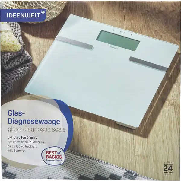 IDEENWELT Best Basics Glas-Diagnosewaage: Цвет: https://www.rossmann.de/de/gesundheit-ideenwelt-best-basics-glas-diagnosewaage/p/4305615548241
Produktbeschreibung und details Diese GlasDiagnosewaage hat GesundheitsberaterQualitten Auf dem extragroen Display zeigt die Krperwaage nicht nur Ihr Gewicht sondern auch Angaben zum BMI Bodymassindex Krperfett Krperwasser Knochen und Muskelanteil So erhalten Sie wichtige Informationen fr Ihre Gesundheit Der integrierte Speicher der GlasDiagnosewaage bewahrt die Daten von bis zu  Personen Die maximale Tragkraft betrgt  kg Batterien inklusive inkl Batterien extra groes Display bis zu  kg Tragkraft ermittelt  Gewicht  BMI  Krperfett Krperwasser Knochen ampamp Muskelanteil Speicher bis zu  Personen Kontaktdaten Dirk Rossmann GmbH Isernhgener Strae   Burgwedel wwwrossmannde Hinweise zur Elektrogerte und Batterieentsorgung Hinweise zur Entsorgung von Elektrogerten und Batterien httpswwwrossmanndedeserviceundhilfeelektrogesetzbatteriegesetz