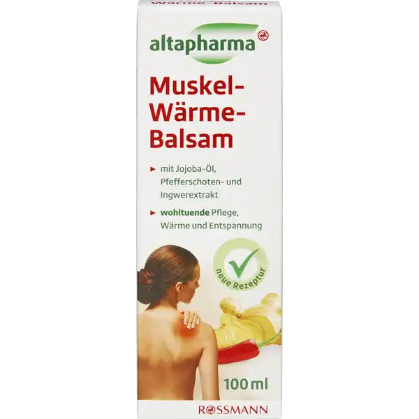 altapharma MuskelWrmeBalsam: Цвет: https://www.rossmann.de/de/gesundheit-altapharma-muskel-waerme-balsam/p/4305615971889
Produktbeschreibung und details Der pflegende WrmeBalsam verleiht ein wohliges Wrmegefhl Entspannung und beugt trockener Haut vor Der MuskelWrmeBalsam enthlt eine wirksame Kombination aus wrmenden Aktivstoffen Jojobal und Sonnenblumenl pflegen die Haut zart ausgesuchte therische le geben dem Balsam eine frische Duftnote und beleben die Sinne Der MuskelWrmeBalsam verleiht ein wohliges Wrmegefhl und Entspannung Er kann zur entspannenden und wrmenden Massage angewendet werden Durch eine intensive Massage wird die Muskulatur gelockert und reaktiviert Der MuskelWrmeBalsam zieht gut ein hinterlsst keinen unangenehmen Fettfilm auf der Haut und ist fr jeden Hauttyp geeignet mit Jojobal Pfefferschoten und Ingwerextrakt wohltuende Pflege Wrme und Entspannung Rezeptur ohne Mikroplastik vegan Kontaktdaten Dirk Rossmann GmbH Isernhgener Strasse   Burgwedel wwwrossmannde Testurteile Qualittssiegel ampamp Verbandszeichen Anwendung und Gebrauch Kleine Menge des Balsams auf die gewnschten Hautpartien sanft einmassieren Anschlieend die Hnde gut waschen Inhaltsstoffe Aqua Isopropyl Palmitate Dicaprylyl Ether Decyl Oleate Glycerin Helianthus Annuus Sunflower Seed Oil Rosmarinus Officinalis Leaf Oil Hectorite Xanthan Gum Glycine Soja Soybean Oil Simmondsia Chinensis Jojoba Seed Oil CaprylicCapric Triglyceride Ethylhexylglycerin Glyceryl CitrateLactateLinoleate Oleate Vanillyl Butyl Ether Sphingomonas Ferment Extract Sodium Stearoyl Glutamate Camphor Pinus Mugo Leaf Oil Zingiber Officinale Ginger Root Extract Capsicum Frutescens Fruit Extract Hydrogenated Vegetable Glycerides Citrate Sodium Chloride Sodium Ferrocyanide Citric Acid Phenoxyethanol Tocopherol Limonene Linalool Geraniol Bestandteile des therischen Rosmarinls Latschenkiefernls und Ingwerextrakte Warnhinweise und wichtige Hinweise Warnhinweise Nur uerlich anwenden Nicht in die Augen oder auf Schleimhute bringen Nicht auf gereizter oder verletzter Haut anwenden Nach der Verwendung die Hnde waschen Auerhalb der Reichweite von Kindern aufbewahren Nicht zur Pflege von Kindern verwenden Der wrmende Effekt kann eine vorbergehende leichte Hautrtung und angenehmes Kribbeln bewirken