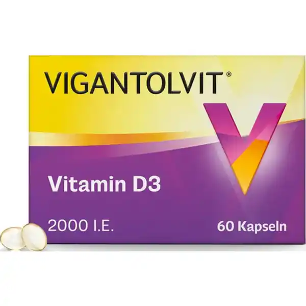 VIGANTOLVIT Vitamin D3 2000 I.E: Цвет: https://www.rossmann.de/de/gesundheit-vigantolvit-vitamin-d3-2000-ie/p/2050000000119
Produktbeschreibung und details VIGANTOLVIT  IE Weichkapseln sind Nahrungsergnzungsmittel mit Vitamin D fr Erwachsene Vitamin D trgt zur Erhaltung normaler Knochen und einer normalen Muskelfunktion bei Auerdem untersttzt es mit Vitamin D die normale Funktion des Immunsystems und hat eine Funktion bei der Zellteilung kleine leicht schluckbare VitaminDWeichkapsel frei von Gluten und Laktose und Inhaltsstoffen die vom Schwein stammen Lebensmittelunternehmer Name PampampG Health Germany GmbH Adresse Sulzbacher Strasse   Schwalbach am Taunus wwwvigantolvitde Rechtlich vorgeschriebene Produktbezeichnung Nahrungsergnzungsmittel mit Vitamin D Zutaten Mittelkettige Triglyceride aus Kokosnuss und Palml Rindergelatine Festigungsmittel Glycerin Antioxidationsmittel AlphaTocopherol Cholecalciferol Vitamin D Nhrwerte Durchschnittliche Nhrwertangaben pro  Portion Pro Kapsel NRV Vitamin D  g   Anwendung und Gebrauch Fr Erwachsene x tglich eine Kapsel mit ausreichend Flssigkeit zu einer Mahlzeit schlucken Gebrauch Aufbewahrung und Verwendung Aufbewahrungs und Verwendungsbedingungen Auerhalb der Reichweite von kleinen Kindern aufbewahren Trocken und nicht ber  C lagern Warnhinweise und wichtige Hinweise Warnhinweise Die empfohlene tgliche Verzehrsmenge nicht berschreiten Nahrungsergnzungsmittel sind kein Ersatz fr eine ausgewogene abwechslungsreiche Ernhrung und eine gesunde Lebensweise Menschen mit Nierenproblemen erhhten Calciumspiegeln Blut oder Urin oder Neigung zur Bildung von Nierensteinen sollten vor der Einnahme von Nahrungsergnzungsmitteln mit Vitamin D ihren Arzt befragen Parallel keine anderen Nahrungsergnzungsmittel oder Arzneimittel einnehmen die Vitamin D enthalten