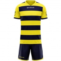 Givova Rugby Kit Jersey with Shorts yellow/navy: Цвет: Brand: Givova Material: 100% polyester Brand logo sewn under the collar, on both shoulders and on both sides of the trouser legs elastic, ribbed V-neck Short sleeve elastic, ribbed arm cuffs Elastic waistband with inner cord Mesh inserts for optimal air circulation without inner net lining without side pockets regular fit NEW, with label &amp; original packaging
https://www.sportspar.com/givova-rugby-kit-jersey-with-shorts-yellow/navy
