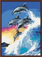 Картина "Дельфины на волне", 30х40 см: Производитель Paintboy В наборе: 1. Холст на деревянном подрамнике с нанесённой схемой 2. Контрольный лист с контурным рисунком. 3. Набор акриловых красок. 4. Три кисти разных размеров. 5. Крепление для готовой картины.