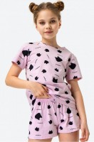 Хлопковая пижама для девочки Happy Fox: Мурр-Мяяу! Детская пижама с шортами для девочки и девочки-подростка выполнена из 100% гипоаллергенного хлопка, ткань кулирная гладь. В комплекте футболка с коротким рукавом и шорты прямого кроя, пояс на резинке.