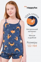 Пижама для девочки Happy Fox: Цвет: лисы,т.синий
Одежда для дома должна быть красивой! Яркая и стильная пижама для девочки и девочки-подростка выполнена из 100% хлопкового трикотажа, ткань кулирная гладь. В наборе майка топ на тонких бретелях и короткие шортики прямого кроя, пояс на эластичной резинке, украшает принт лисы. 
Натуральный хлопок приятен к телу, гипоаллергенен и хорошо пропускает воздух, что позволяет коже дышать и делает ночной отдых комфортным. Трикотажное белье для детей не боится стирок, не теряет своих первоначальных размеров, принт не тускнеет. 
Удобная детская пижама с рисунком пригодится не только для сна, но и как домашний костюм. Милая расцветка поднимет настроение юной красавице. Подростковая пижама с принтом станет прекрасным подарком девочке на 8 марта или день рождения.  
Пижама с шортами для девочек идет в размер. Для более уверенного выбора, воспользуйтесь удобной табличкой с замерами в сантиметрах на одном из фото. 
Модель Нелли, рост 146, параметры 68-59-75 см. На ней пижама 146 размера.