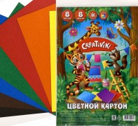 Картон цветной немелованный  А4, 8 цветов 8 листов, 190 г/м2, с европодвесом,Creativiki: Вес (гр) ~: 86
Картон цветной немелованный  А4, 8 цветов 8 листов, 190 г/м2, с европодвесом,Creativiki
Цветной картон – прекрасный материал для творчества! С его помощью можно сделать множество интересных поделок: эффектную открытку, карточки для счёта, лото, объемную фигурку и даже собственную игру.
• «Волшебный» набор с золотыми и серебряными цветами
• Картон формата А4 в удобном пакете с европодвесом.
Придумывая новые формы и проявляя фантазию, ребенок развивает мелкую моторику, речь, тренирует память, улучшает логическое мышление и творческие способности.
Вес (гр) ~	86