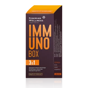 Immuno Box / Иммуно бокс: Цвет: http://ru.siberianhealth.com/ru/shop/catalog/product/500526/
Комплексная защита и поддержка организма в сезон простуд и инфекций! Шесть мощных растительных экстрактов, усиленных цинком, оказывают выраженное укрепляющее действие на весь организм: повышают активность иммунных клеток, значительно увеличивают их количество и ускоряют процесс восстановления. Природные антисептики cоздают эффективную защиту против инфекций и вирусов, предотвращают развитие заболевания. Натуральный адаптоген ускоряет клеточное обновление, оказывает выраженный тонизирующий эффект и повышает защитные силы организма. ЧТО ВНУТРИ? \t Природные иммуностимуляторы \tВ основе IMMUNO Box &ndash; уникальный комплекс ResistAid&trade; (Lonza, Германия), представляющий собой комбинацию арабиногалактана и природных биологически активных полифенолов. \t Арабиногалактан &ndash; растительный полисахарид, в большом количестве содержащийся в хвойных растениях. Именно благодаря ему они обладают высокой сопротивляемостью заболеваниям и устойчивостью к резким перепадам температур. Иммунная система человека умеет распознавать арабиногалактан и использует его в качестве сигнальной молекулы. При встрече с этим веществом иммунные клетки узнают о наличии бактерий в организме и резко повышают антибактериальную активность. Являясь источником растворимых диетических волокон, арабиногалактан помогает укрепить иммунитет, улучшая работу ЖКТ и нормализуя микрофлору кишечника. \t Цинк оказывает выраженное укрепляющее действие на весь организм: повышает активность иммунных клеток, значительно увеличивает их общее количество и ускоряет процесс восстановления. \t Эхинацея способствует общему укреплению иммунитета и стимулирует оперативный отклик организма на проникновение патогенных бактерий и вирусов. \t&nbsp; \t Группа растительных антисептиков и противовоспалительных трав \t Экстракт листьев шалфея обладает общеукрепляющими свойствами, уменьшает проявления воспалительных процессов. \t Экстракт цветков ромашки оказывает дезинфицирующее действие на широкий спектр патогенной микрофлоры и снижает выраженность воспалительных реакций. \t Экстракт чабреца обладает противовоспалительной активностью и антимикробным действием. \t Экстракт листьев подорожника снимает воспаление, оказывает антисептическое и отхаркивающее действие, облегчает выведение мокроты из дыхательных путей. \t Природные адаптогены \t Экстракт корней женьшеня (гинзенозиды) &ndash; общепризнанный биостимулятор. Усиливает иммунный ответ, повышая секрецию иммуноглобулинов и улучшает адаптацию к неблагоприятным факторам среды.