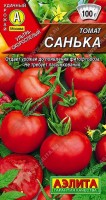 Томат Санька 20шт: Ультраскороспелый сорт для открытого грунта и малогабаритных пленочных теплиц. От всходов до начала плодоношения 79-85 дней. Растения детерминантные, компактные, высотой 40-60 см. Не пасынкуются. В простых кистях по 4-5 плодов. Томаты округлые, плотные, выровненные, массой 80-100 г, устойчивые к растрескиванию. Вкус сладкий с небольшой кислинкой. Плоды используются для свежего потребления, цельноплодного консервирования и переработки на томатопродукты. Продуктивность растения в о/г 2-2,5 кг, под пленкой – 3-3,5 кг. Сорт устойчив к недостаточной освещенности и пониженным температурам. Благодаря скороспелости уходит от поражения фитофторозом.
