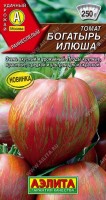 Томат Богатырь Илюша 20шт: Раннеспелый сорт с крупными, невероятно красивыми плодами. Первый урожай снимают на 95-100 день после всходов. Рекомендуется для теплиц в средней полосе и открытого грунта в южных регионах. Растения индетерминантные, высотой 1,7-1,9 м. Первое соцветие закладывают над 8 листом, последующие – через 1-2 листа. Плоды массой 180-250 г (отдельные могут достигать 300-400 г), плотные, устойчивые к растрескиванию. Томаты сочные, мясистые, обладают приятным помидорным вкусом с фруктовыми нотками. Они великолепны в салатах, подходят для бутербродов и кулинарии. Сорт устойчив к фузариозу. Урожайность высокая – 11-12 кг/м2.