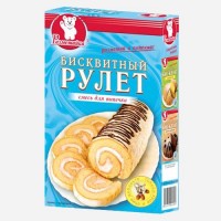 -Рулет бисквитный 200г: Из смеси получается основа для рулета, которую можно, по Вашему желанию, прослоить кремом, джемом или шоколадной пастой. А можно сделать пирожные, разрезав выпеченный корж на одинаковые прямоугольники.

Для приготовления Вам понадобятся 2 яйца и 4 стол. ложки воды.
Время выпечки 10-12 мин.

Смесь для выпечки

Состав: мука пшеничная в/с, крхмал кукурузный, сахар, какао - порошок, сода пищевая (Е500), регулятор кислотности: пирофосфат натрия (Е450), соль.

Масса нетто: 300 г.

Пищевая ценность 100 г. продукта:

белки - 4,83 г; жиры - 1,5 г; углеводы - 80, 34 г

Энергетическая ценность:

350,7 ккал (1467,33 кДж)

Смесь для крема

Состав: сахар, какао - порошок, растительный жир, молочный белок, эмульгатор (Е 472а), загуститель (модифицированный крахмал Е1412), ароматизатор идентичный натуральному шоколад.

Масса нетто: 50 гр.

Пищевая ценность 100 г. продукта:

белки - 8,68 г; жиры - 44,33 г; углеводы - 37,94 г

Энергетическая ценность:

584,35 ккал (2444,92 кДж)