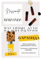 BARAONDA / Nasomatto: Цвет: http://get-parfum.ru/products/baraonda-nasomatto
Есть в наличии

"Baraonda- это аромат для мужчин и женщин, он принадлежит к группе восточные древесные.
Основные аккорды: древесный, солодовый, мускусный, цветочный, розовый, амбровый, теплый пряный.
Ноты аромата: Виски, Древесные ноты, Амбретта, Роза, Амброксан, Мускус.
Насоматто Бараонда- вагон вяленого подкопчёного чернослива. Первые 20-30 минут. Потом добавляется древесность, хорошо слышно розовый тон. Но не живая роза, а эссенция или масло. А потом это меняется на чёрный чай в термосе с пробкой из пробки. Пивали ли вы чаи, где-то в горах, у костра? Вот это самая натуральная ольфакторная передача термосного чая. Потом спустя пару часов ещё добавляется тёмный шоколад, и вот так всёёё вместе, от чернослива до шоколада всеми гранями и звучит играя, до самого затихания, до утра.
Духи женские мужские унисекс туалетная вода— то, без чего ни один образ не будет завершенным. Аромат — самый чувственный и самый харизматичный аксессуар, который на 100% отражает характер обладателя. Парфюм GET PARFUM — флакончик твоего любимого запаха: восточные пряности, нотки сладких фруктов, нежное благоухание цветов, пряная ваниль, терпкий лесной орех и много других волшебных ароматов.
Концентрированная масляная нишевая парфюмерная вода в небольших стеклянных флакончиках по 3 мл. Самые популярные мужские и женские ароматы по мотивам известных брендов: Зеленски Ваниль, Готье Сандал, Диор Жадор, Нина Риччи, Феррагамо Мистериоса, Джо Малон Лайм и Мандарин, Манцера Коко Ваниль, Живанши Ангел и Демон, Монталь Уэдмэйзин, Барберри Лондон, Диор Пойзон Гёл, Байредо Супер Кедр, Гучи Энви и другие.
Из всего многообразия вы найдете подходящий вариант: духи сладкие фруктовые, древесные, цветочные, немного терпкие, освежающие, яркие, спокойные и мягко обволакивающие.
Парфюмерия GET PARFUM не содержит спирта. На 100% состоит из концентрированного парфюмерного масла. Масляные духи с минимальным расходом и отличной стойкостью. Это сладкие духи, стойкие духи, которые в полной мере раскрывают свой неповторимый аромат соприкасаясь с телом.
Масляные духи унисекс — хороший подарок женщинам на 8 Марта, мужчинам — на 23 февраля. Мини perfume будет подходящим презентом на день рождения для ценителей изысканных, дорогих ароматов. "