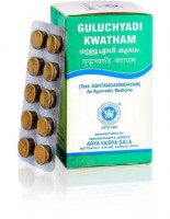 Guluchyadi Kwatham Tablets Kottakkal 100 таб: лечении лихорадки различной этиологии связанной с ощущением жжения слюнотечение жажда рвота и анорексия  Guduchyadi Kashayam это травяной препарат отвар в виде таблеток Состав Guduchyadi Kwatha ingredients  g coarse powder of each of Guduchi  Indian Tinospora stem  Tinospora cordifolia Dhanyaka  Coriander  Coriandrum sativum Nimba  Neem  Azadirachta indica Raktachandana  Pterocarpus santalinus Padmaka  Wild Himalayan Cherry  Prunus cerasoides Гулучади Кватхам  натуральное средство оказывающее выраженный противовирусный и антибактериальный эффект Способствует выведению токсинов из тела и ускоряет выздоровление Балансирует Вату и Капху Оказывает жаропонижающее действие облегчает симптомы лихорадки любого происхождения в том числе аллергической Улучшает состояние кожи при некоторых кожных недугах таких как экземе псориаз а также снимает их симптомы  раздражение и зуд Отмечена эффективность данного средства при аллергическом рините сезонной аллергии сенной лихорадке Также он справляется с инфекциями мочевыделительной системы полезен при пиелонефрите асцидозе цистите Он помогает справиться с такими симптомами лихорадки как чрезмерное слюноотделение сильная жажда тошнота рвота высокая температура жар в груди и за грудиной Он станет незаменимым средством в любой аптечке ведь каждому периодически приходится переживать неприятные симптомы вирусных и инфекционных заболеваний которые отрицательным образом сказываются на работе всех систем организма Активные ингредиенты Гудучи Tinospora cordifolia Улучшает состояние иммунитета останавливает преждевременное старение снимает жар и очищает организм от токсинов Помогает при боли в ногах кровотечении причем как внутреннем так и внешнем повышает иммунитет Кориандр Corindrum sativum Уравновешивает все три доши но особенно хорош при нарушениях Питты Основное действие кориандр оказывает на пищеварительную и мочевыделительную системы Применяется при аллергических реакциях сенной лихорадке и кожных высыпаниях Амла Emblica officinalis Плоды амлы  самый богатый природный источник витамина С за счёт чего обладает свойствами мощного антиоксиданта и иммуностимулятора выводит шлаки и токсины способствует хорошему пищеварению Чрезвычайно эффективно применение в лечении болезней печени за счёт высокого содержания витамина С Она полезна также и при снижении зрения Растение оказывает лечебный эффект при простуде тонизируя и укрепляя организм Мякоть плодов является главным компонентом чаванпраша Вишня гималайская Prunus cerasoides Антисептик питает заживляет язвы и раны обладает вяжущими свойствами останавливает кровотечения отбеливает кожу легкое мочегонное и слабительное тоник для нервной системы Сандал красный Pterocarpus santalinus Сильный антисептик Оказывает противовоспалительный охлаждающий и антибактериальный эффект Лечит симптомы аллергии такие как сыпь ринит а также снимает раздражение воспаления и кожный зуд Инструкция по применению  таблетки  раза в день до или после еды на протяжении  месяцев Препарат рекомендуется принимать по назначению и под контролем специалиста особенно женщинам в период беременности и кормления грудью и детям Состав Гулучади Кватхам Гудучи Tinispora cordifolia   г Вишня гималайская Prunus cerasoides   г Амла Emblica officinalis   г Кориандр Coriandrum sativum   г Сандал красный Pterocarpus santalinus   г  